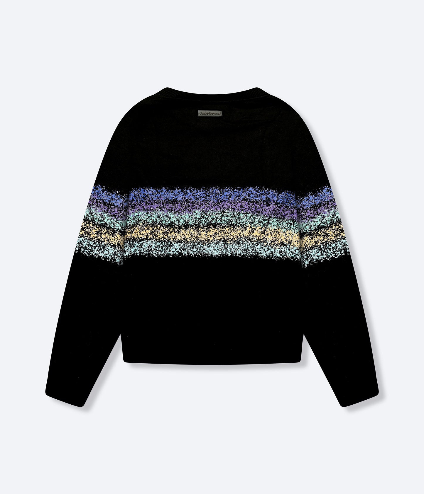 Dope Beyond Crewneck Sweatshirt in black with horizontal blue and beige textured stripes across chest and sleeves