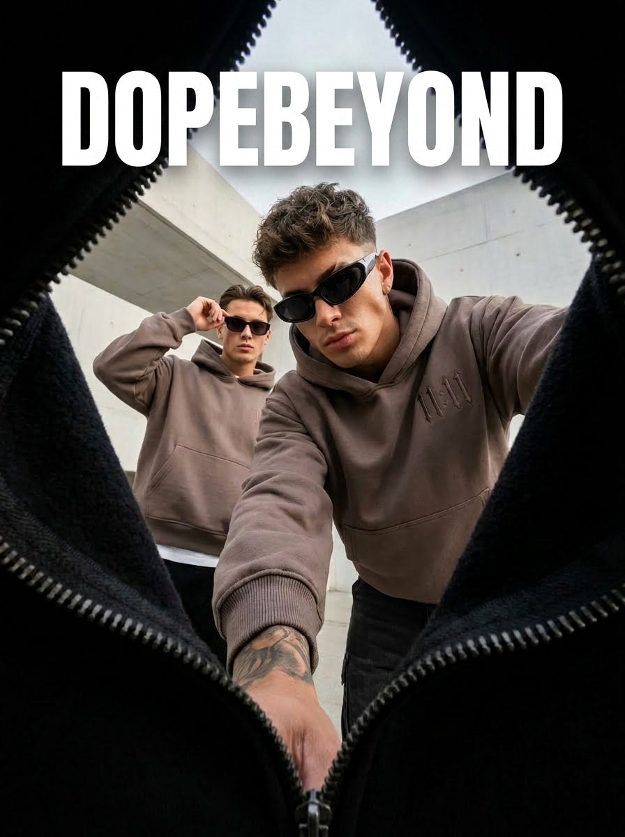 Dope Beyond poster: two models in brown embroidered heavyweight hoodies, seen through an open zip