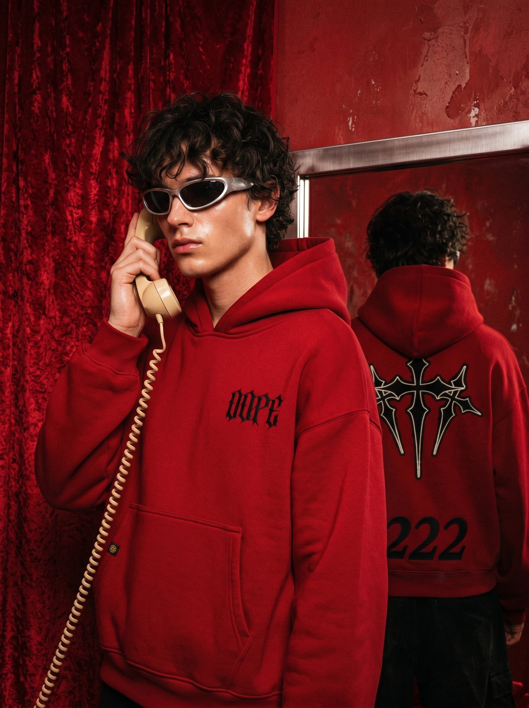 Red 222 angel number hoodie by Dope Beyond – back view on male model showing the raised embroidered patch