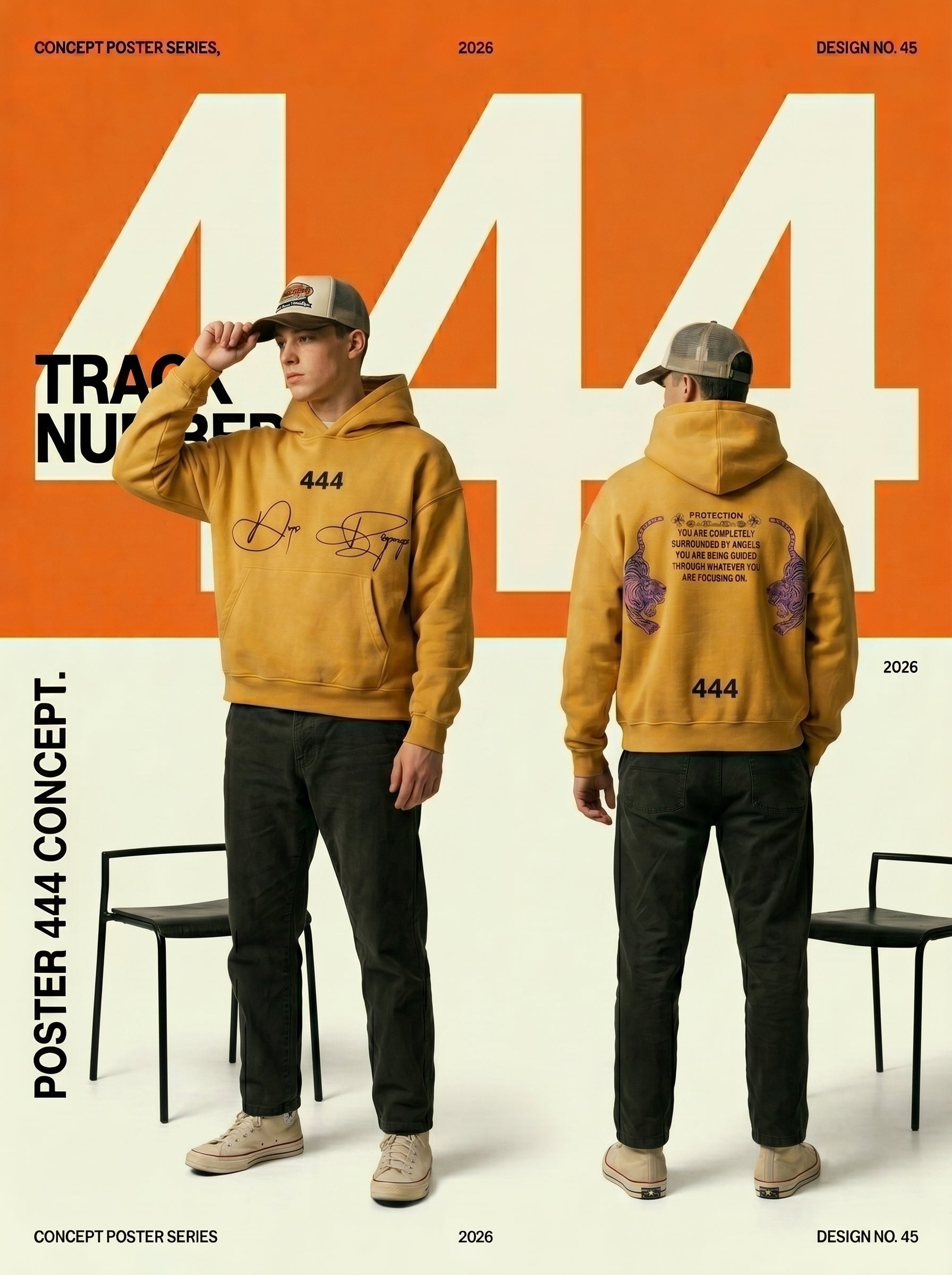 444 poster concept – two models in yellow 444 angel number hoodies, front and back views, on an orange background