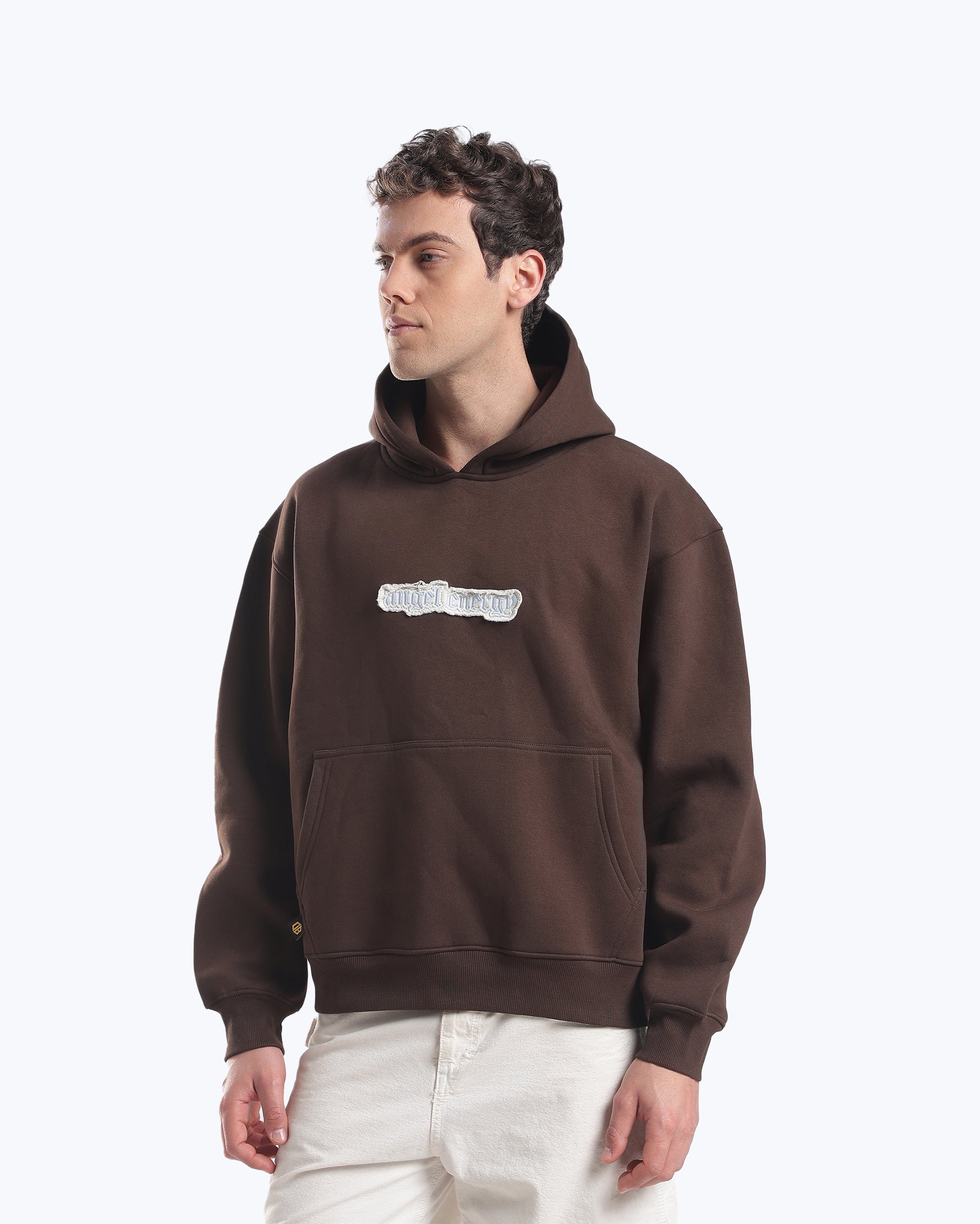 Brown 555 heavyweight hoodie by Dope Beyond on model showing oversized fit