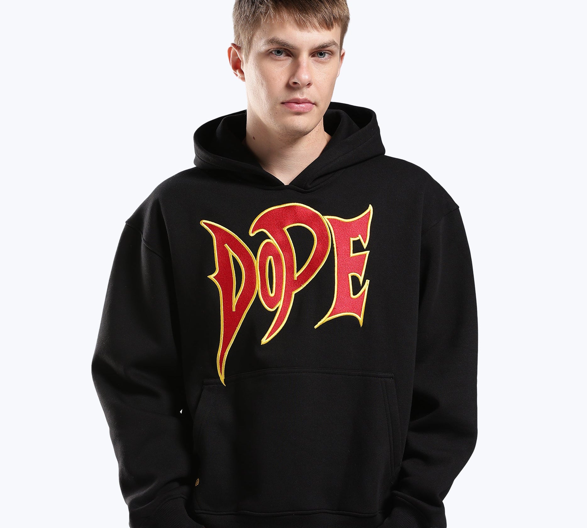 Black 777 lightning hoodie by Dope Beyond – front view on male model