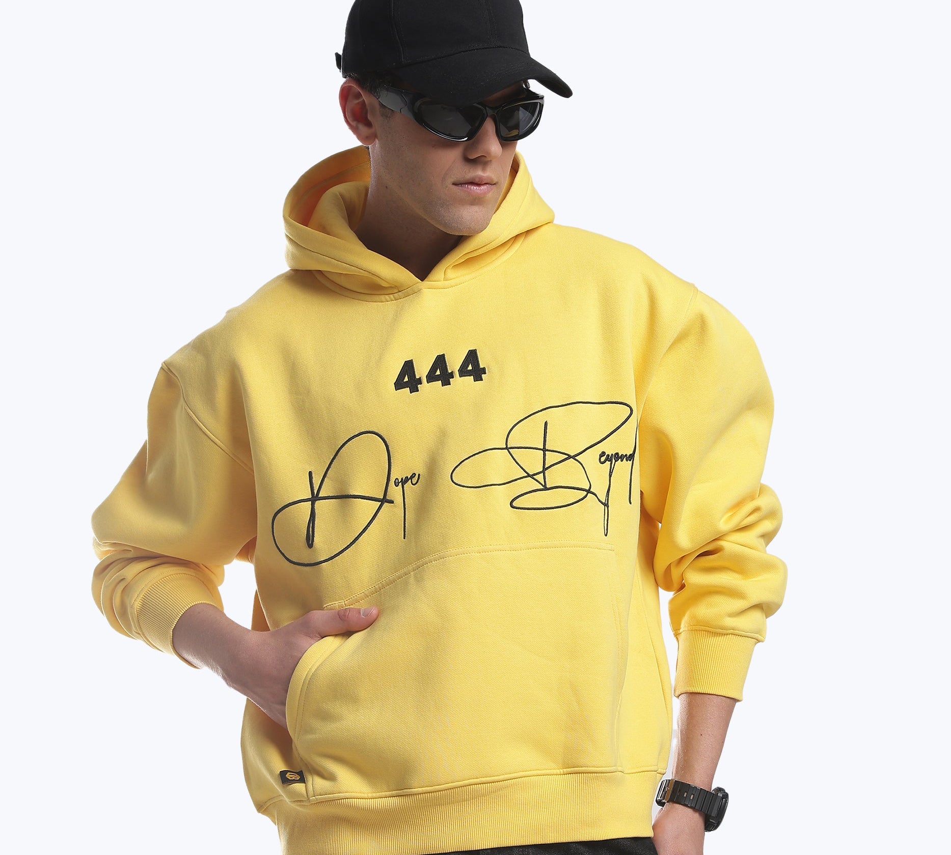 Yellow 444 heavyweight hoodie by Dope Beyond, cared for to keep its oversized shape
