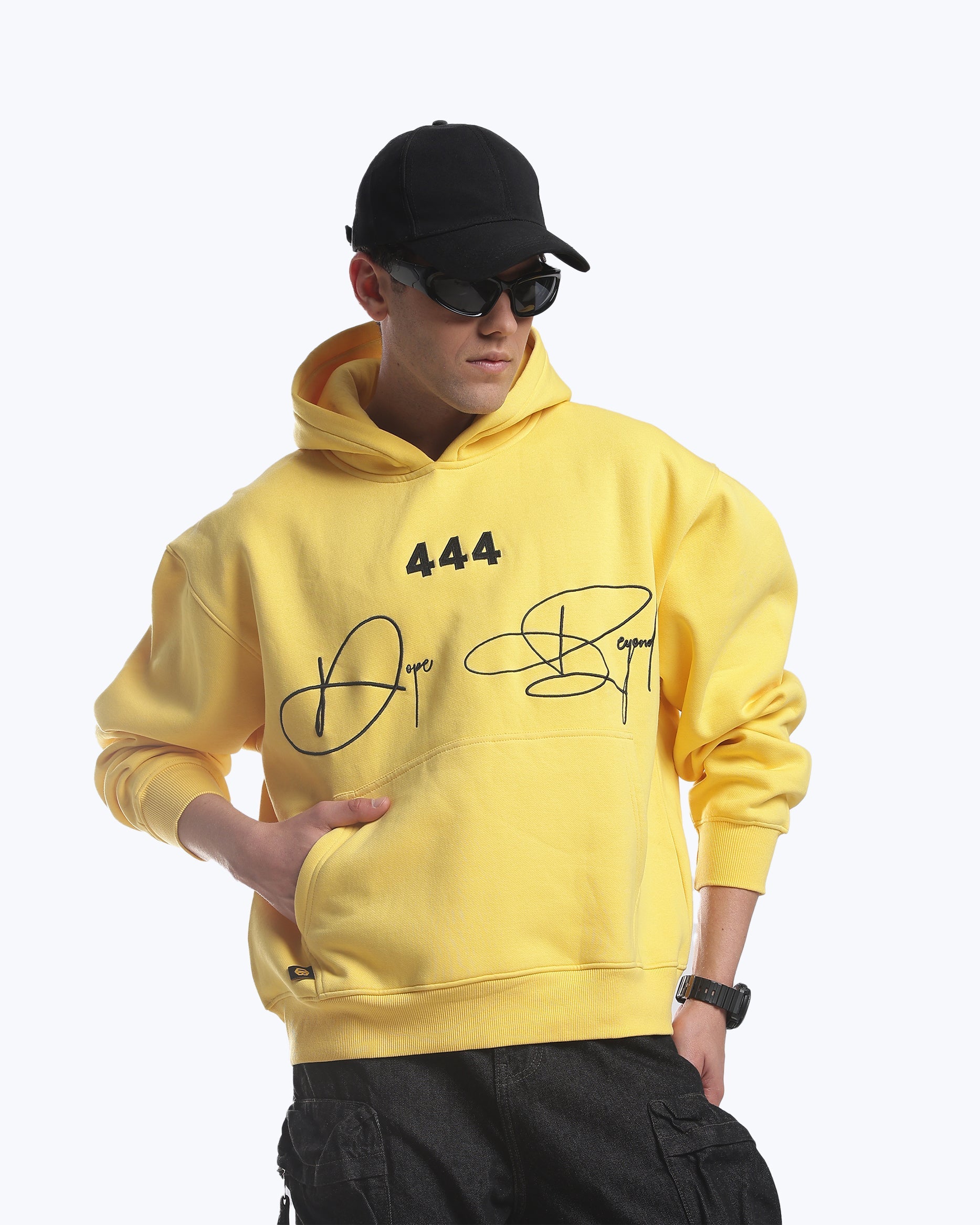 Yellow 444 heavyweight hoodie by Dope Beyond, cared for to keep its oversized shape