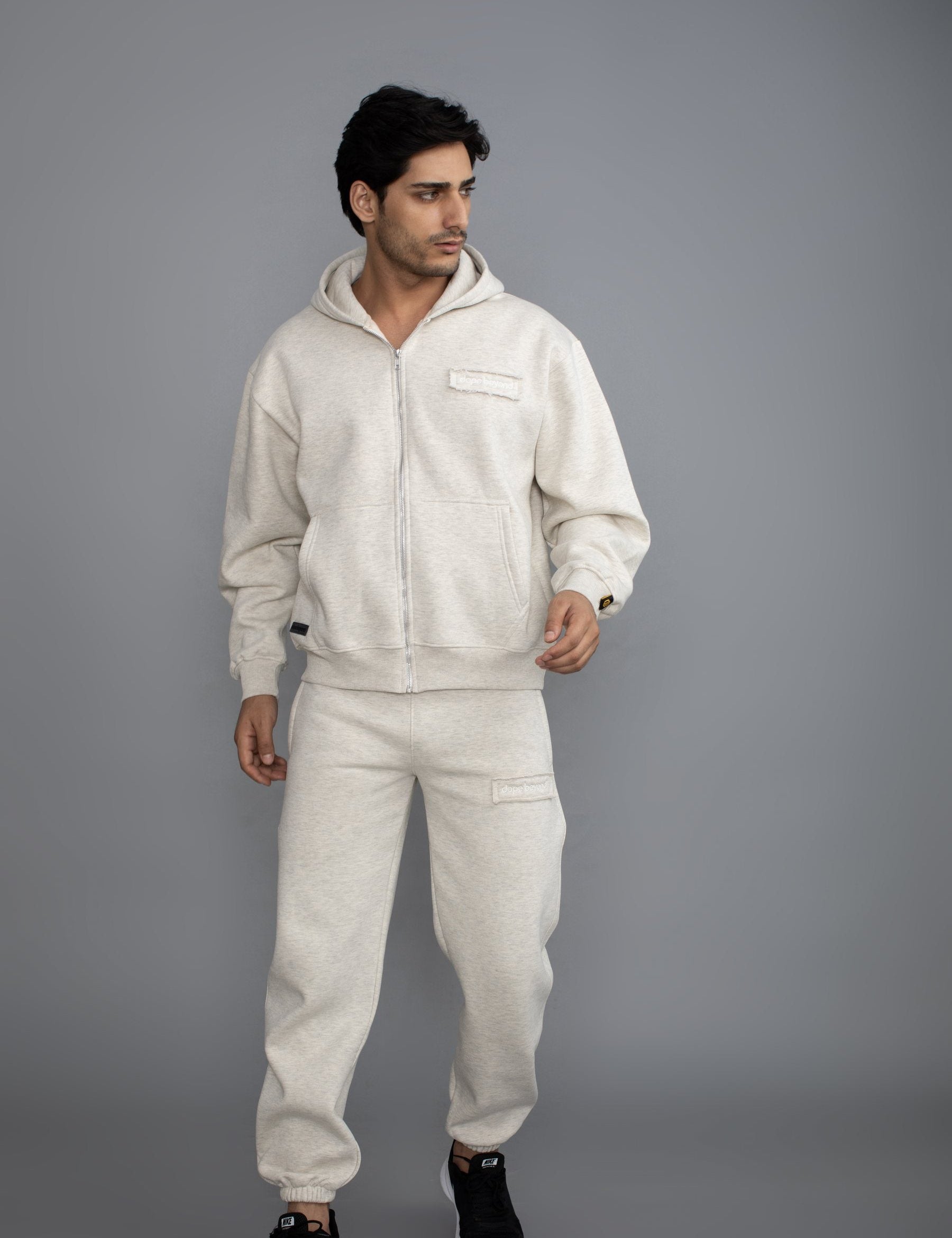 Man in the Dope Beyond Ecru Melange zip hoodie and joggers set, full length, studio