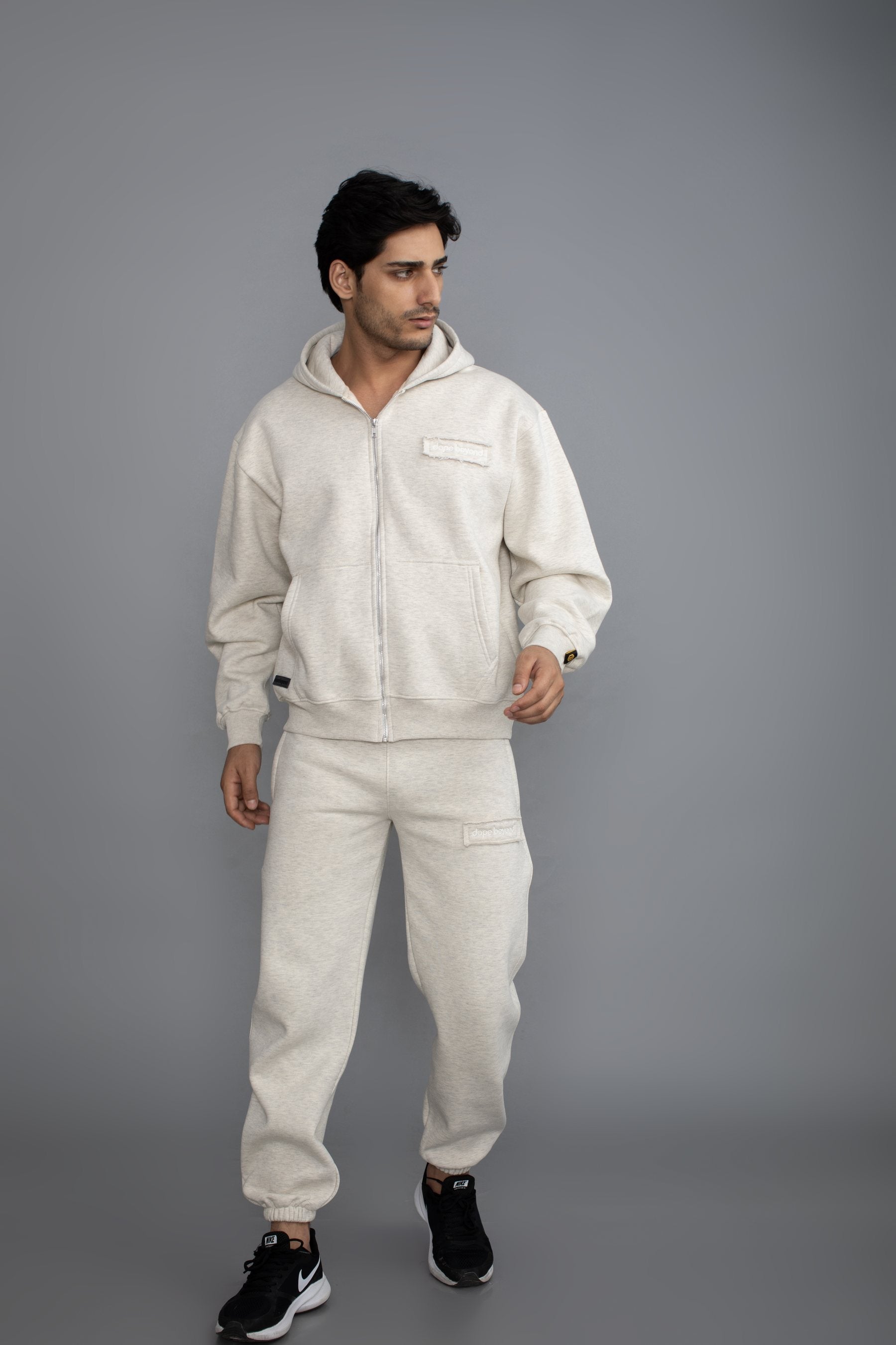 Man in the Dope Beyond Ecru Melange zip hoodie and joggers set, full length, studio