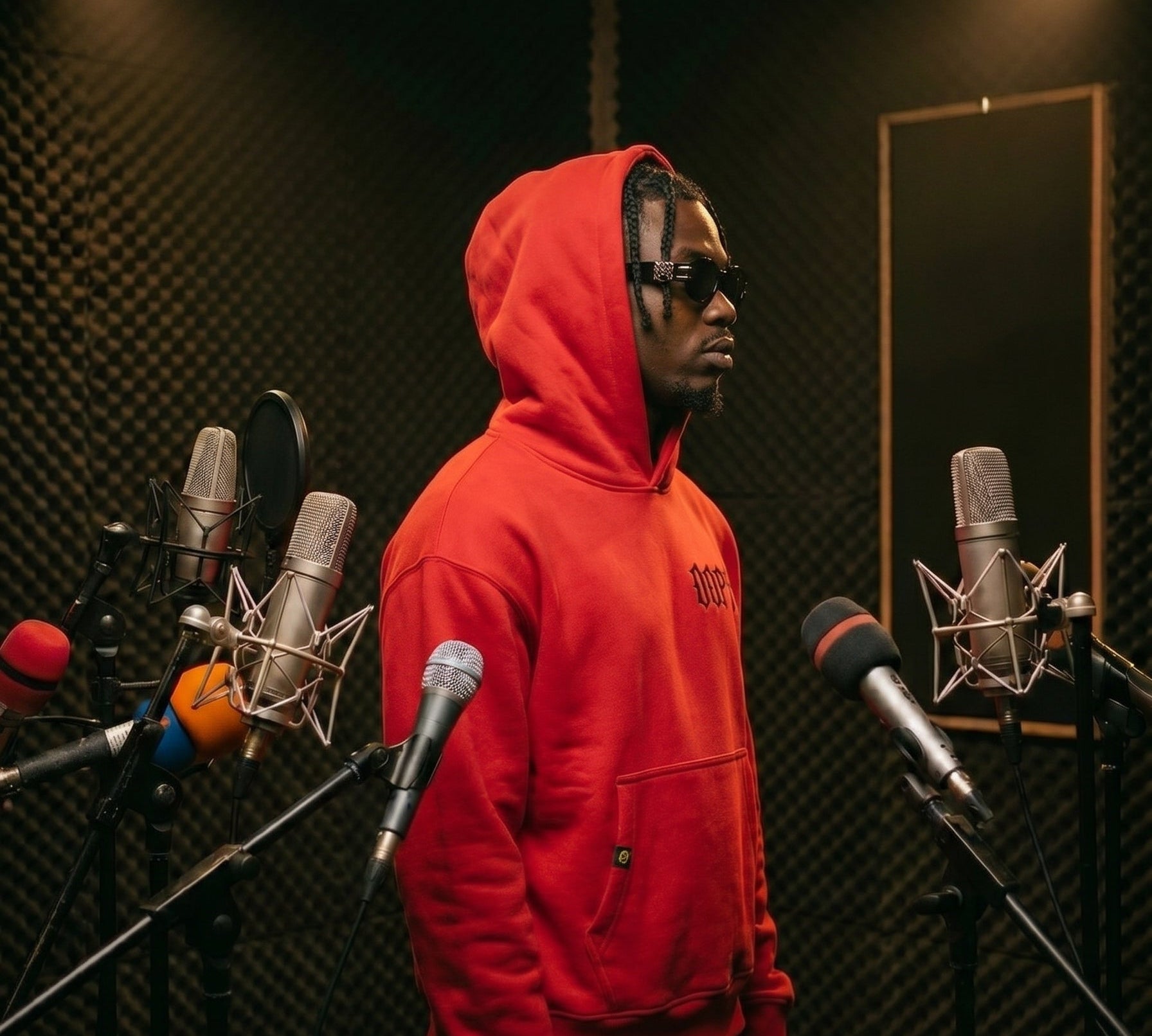 Male model in a red oversized Dope hoodie and sunglasses, streetwear studio shot