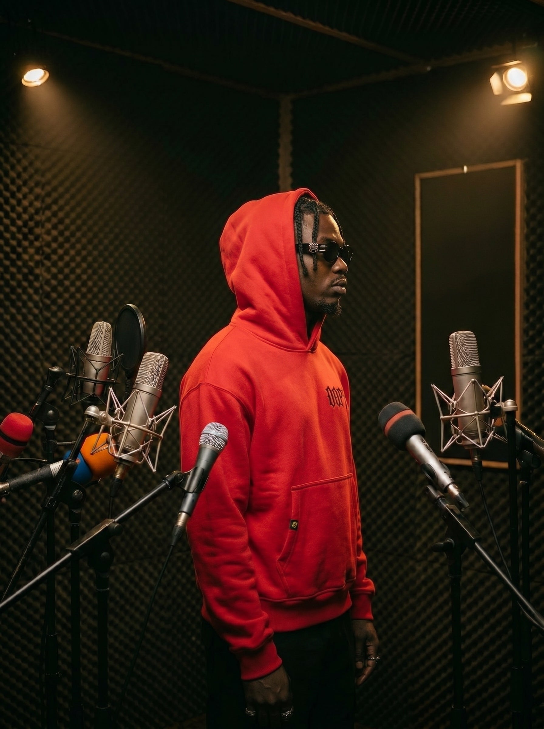 Male model in a red oversized Dope hoodie and sunglasses, streetwear studio shot