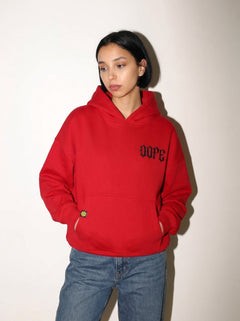 Red 222 angel number hoodie by Dope Beyond – front view on female model