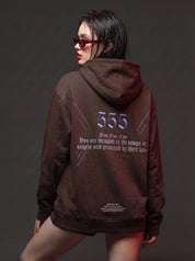 Brown 555 angel number hoodie by Dope Beyond – back view on female model