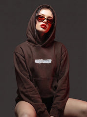 Brown 555 angel number hoodie by Dope Beyond – front view on female model