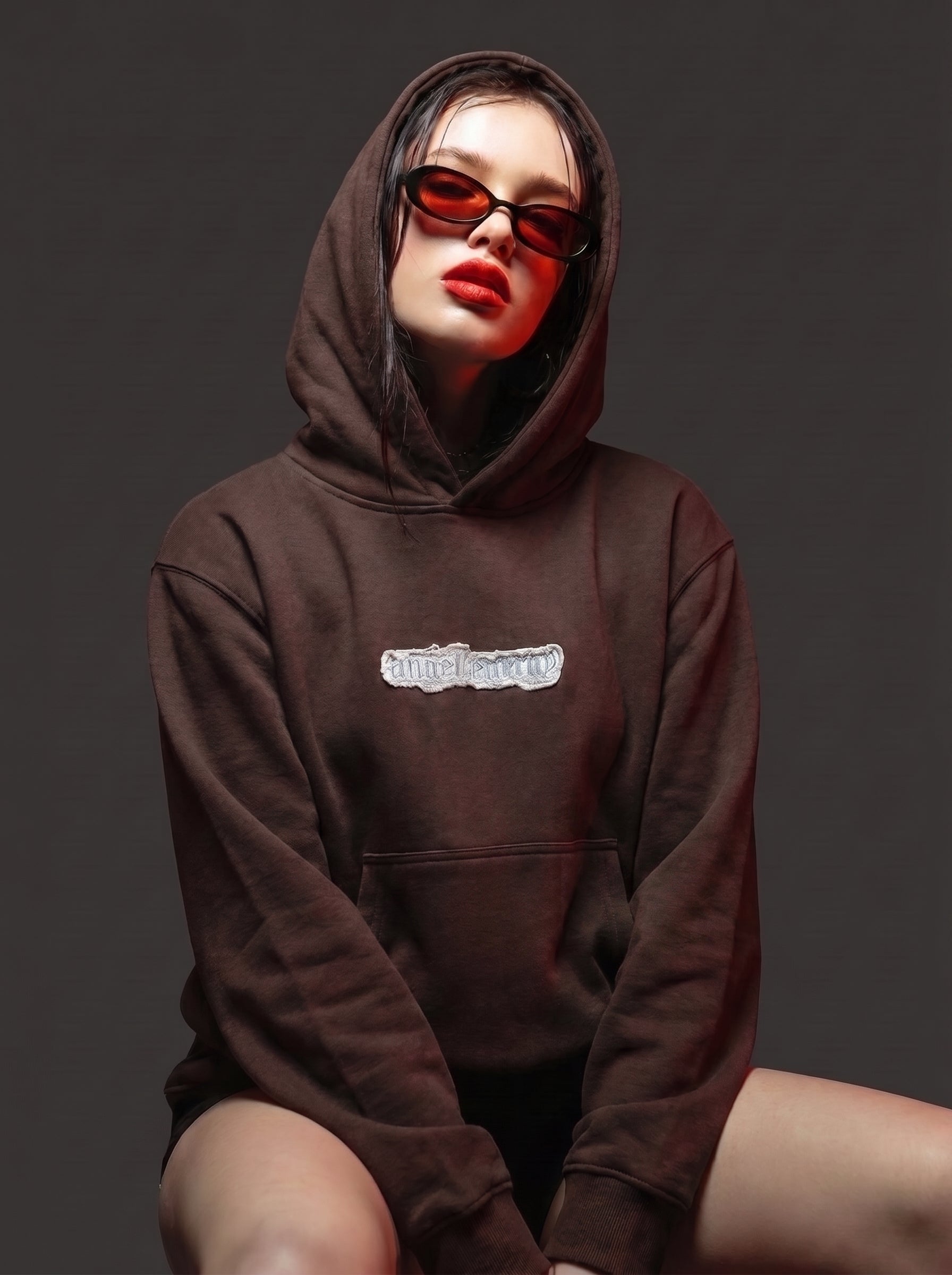 Brown 555 angel number hoodie by Dope Beyond – front view on female model