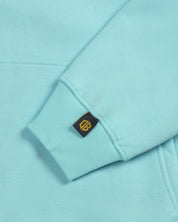 Dope Beyond aqua blue heavyweight hoodie sleeve with logo tag, streetwear detail