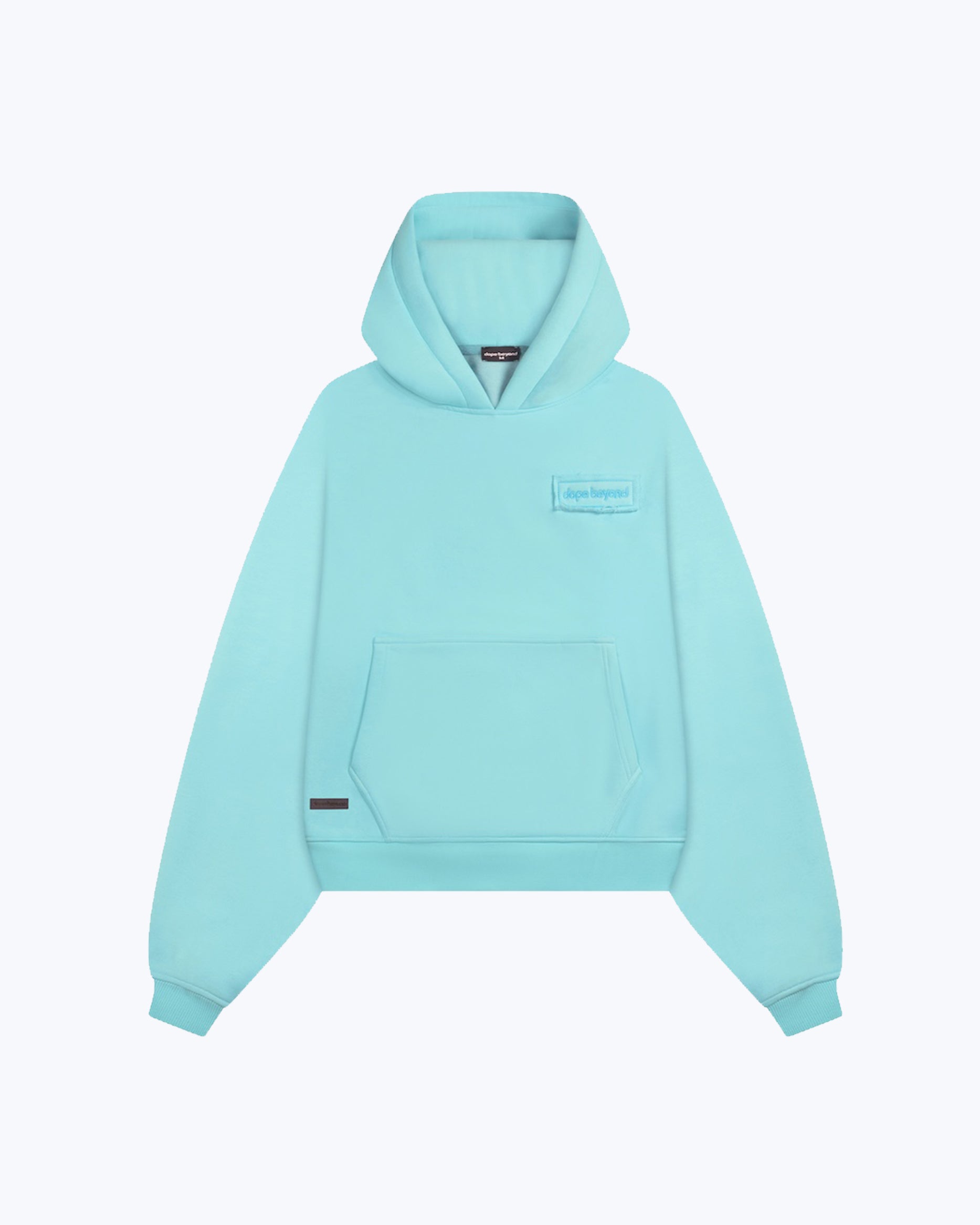 dopebeyond aqua blue heavyweight streetwear hoodie with kangaroo pocket and chest logo