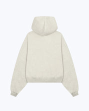 Back view of Dope Beyond heavyweight ecru melange streetwear hoodie with hood and ribbed cuffs