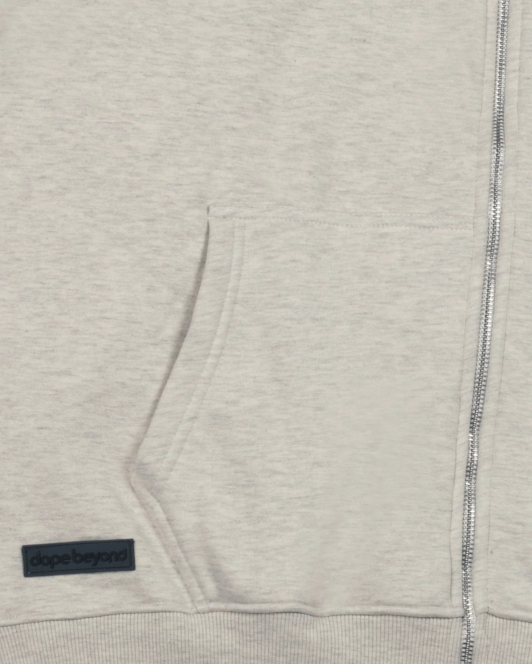 dopebeyond ecru melange heavyweight hoodie detail with pocket and logo patch
