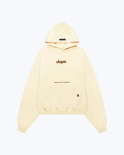 Dope Beyond beige heavyweight hoodie with 'dope' logo and 'Lifestyle of Legends' text on front.
