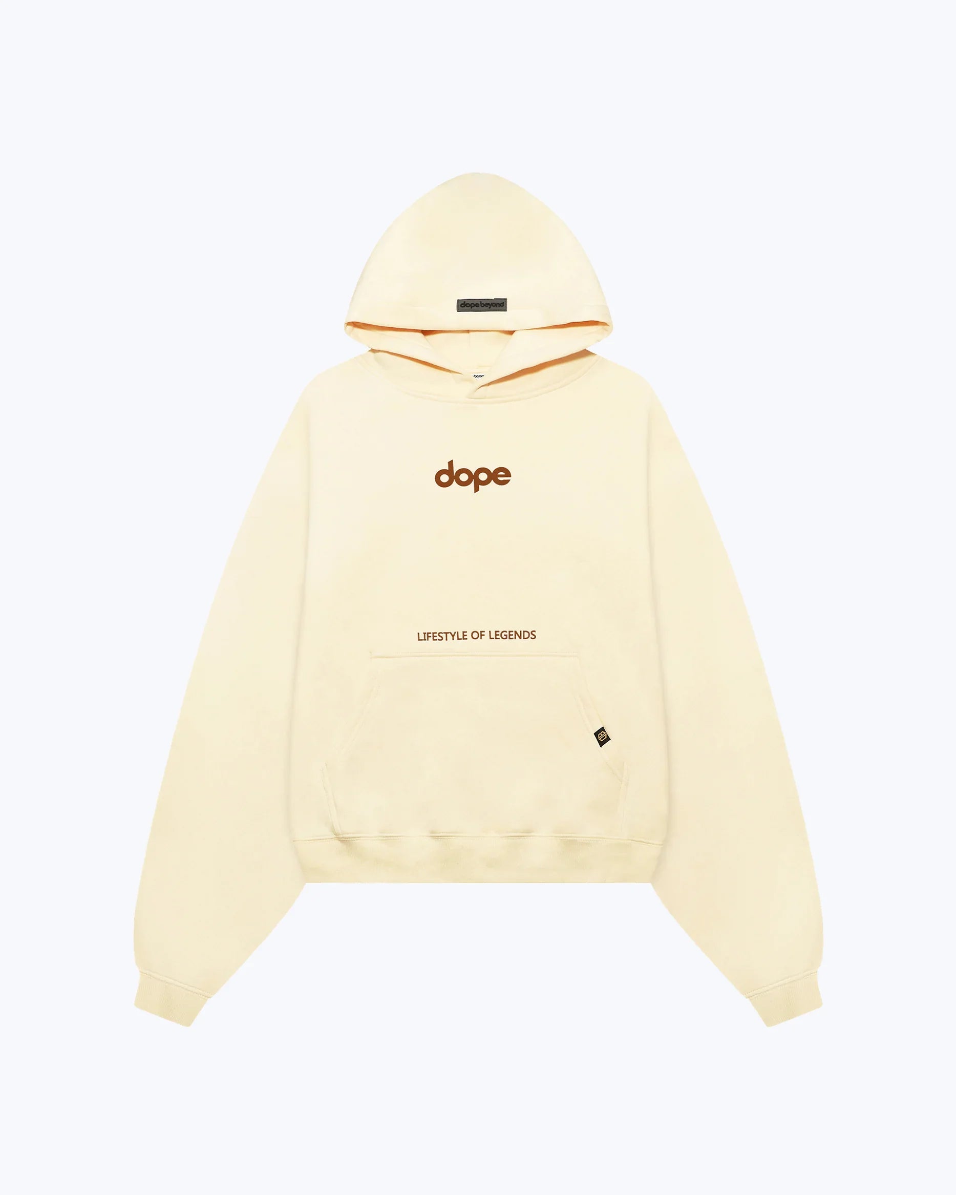 Dope Beyond beige heavyweight hoodie with 'dope' logo and 'Lifestyle of Legends' text on front.