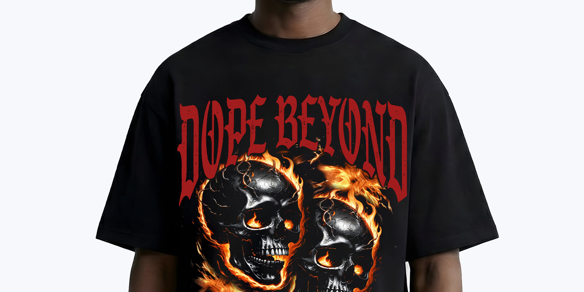 Man wearing black DOPE BEYOND graphic tee with flaming skulls streetwear design
