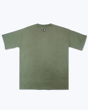 Olive green Dope Beyond streetwear t-shirt with small black logo tag on back collar