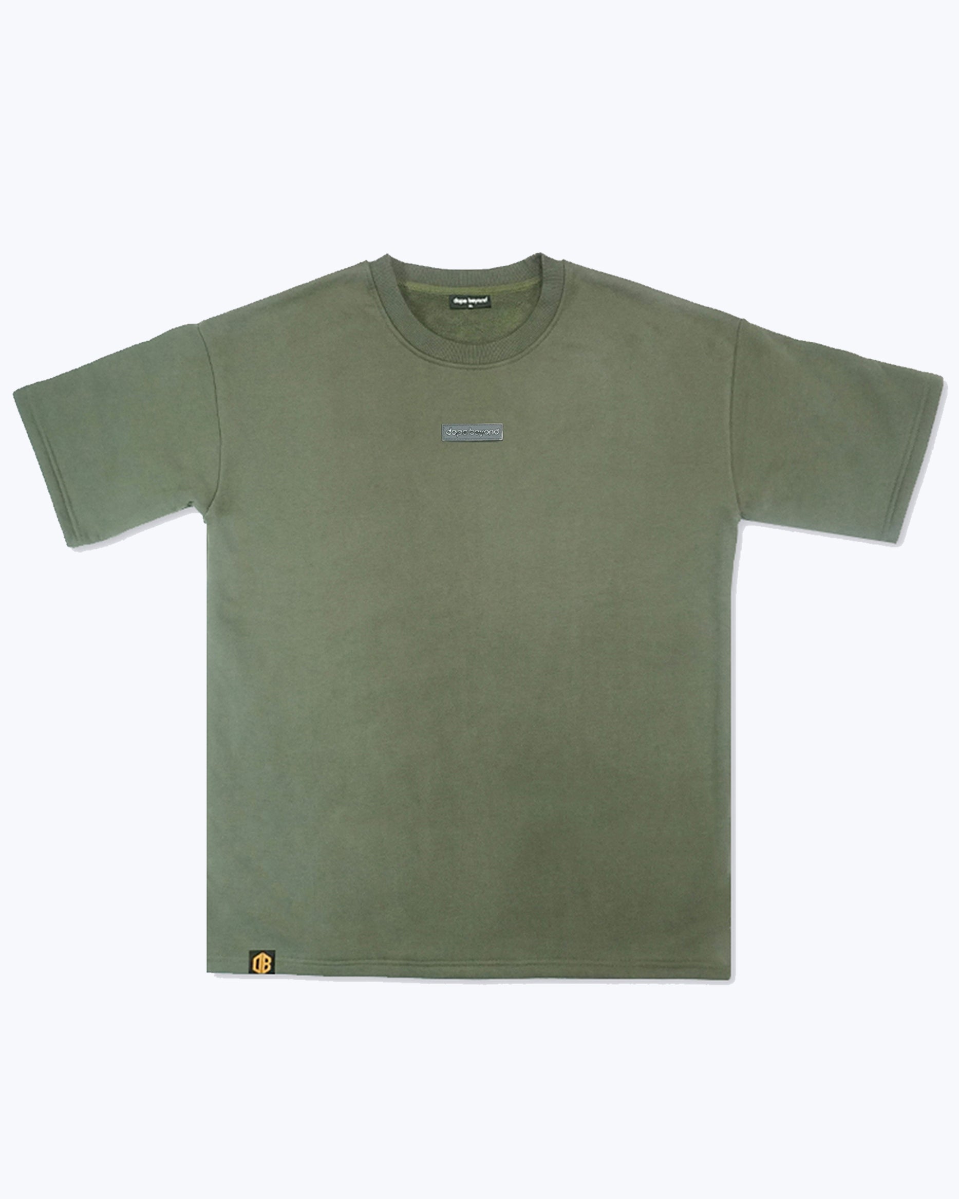 Dope Beyond olive green streetwear t-shirt with small chest logo and branded patch