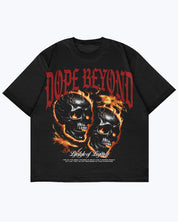 Dope Beyond black graphic t-shirt with flaming skull design and bold red lettering, streetwear fashion.