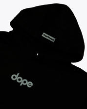 Black Dope Beyond heavyweight hoodie front with dope logo, streetwear apparel