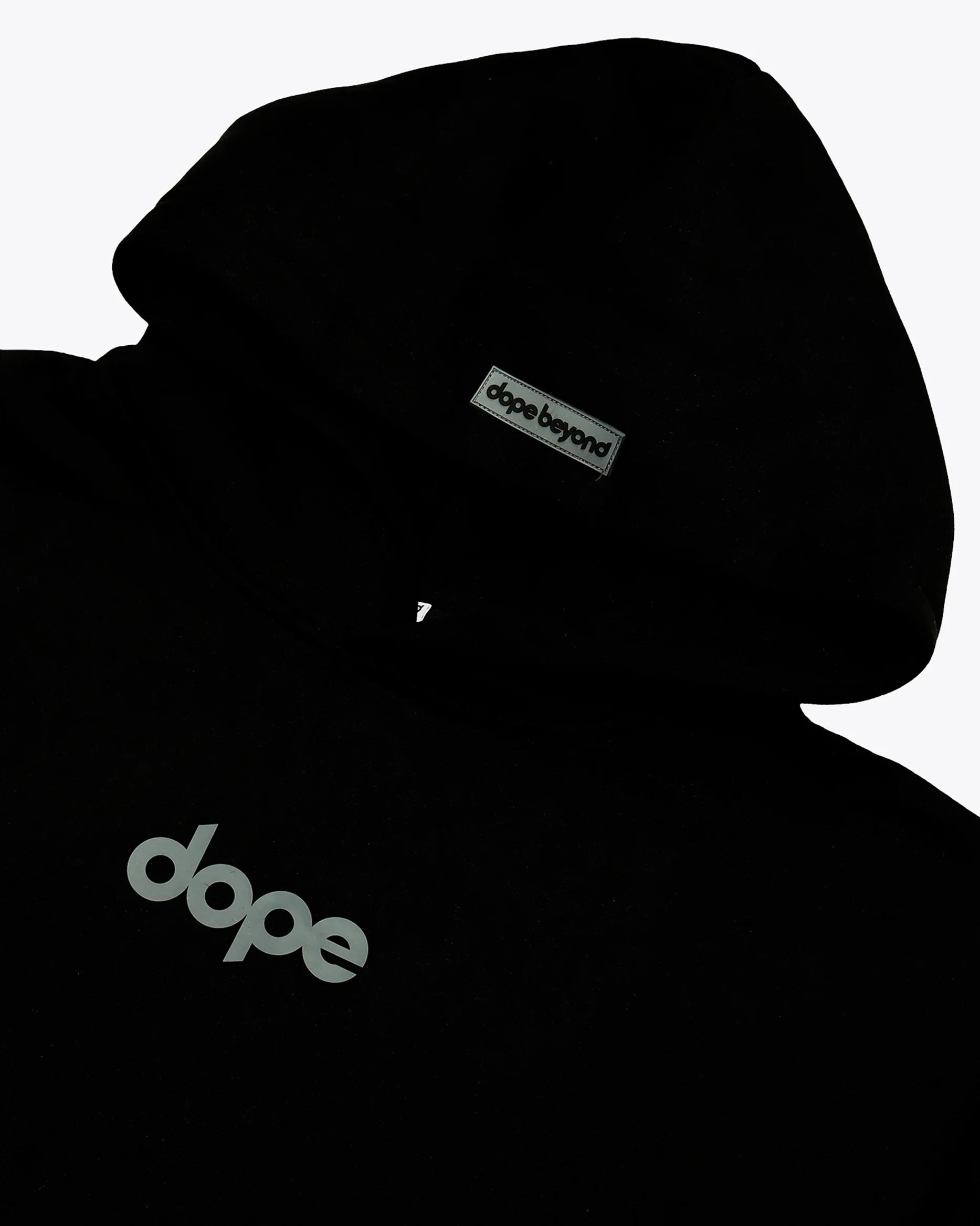 Black Dope Beyond heavyweight hoodie front with dope logo, streetwear apparel