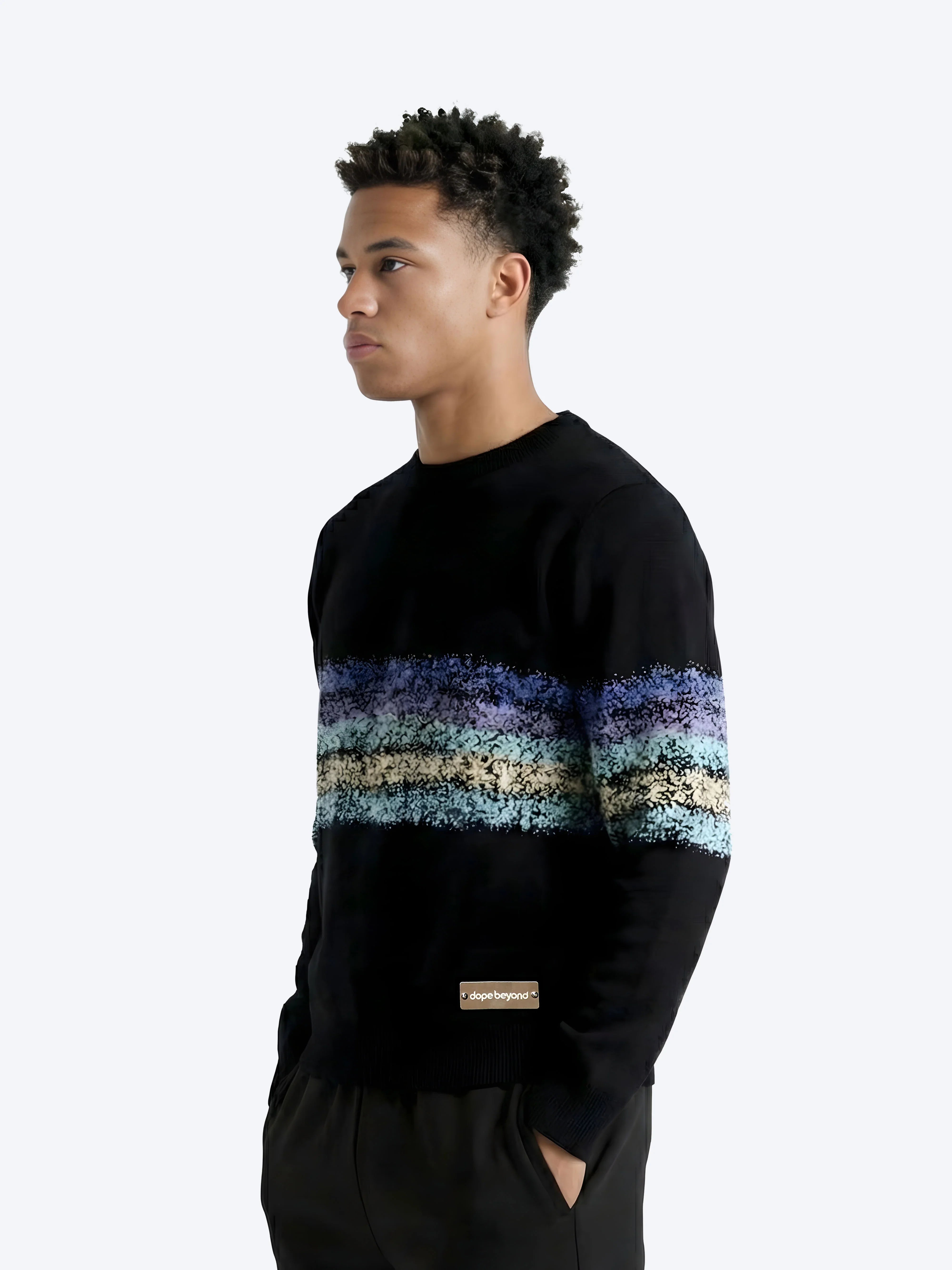 Man wearing Dope Beyond black streetwear sweatshirt with blue and beige stripe pattern