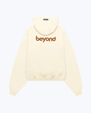 Dope Beyond Dutch White heavyweight hoodie back view with bold brown 'beyond' puff print.