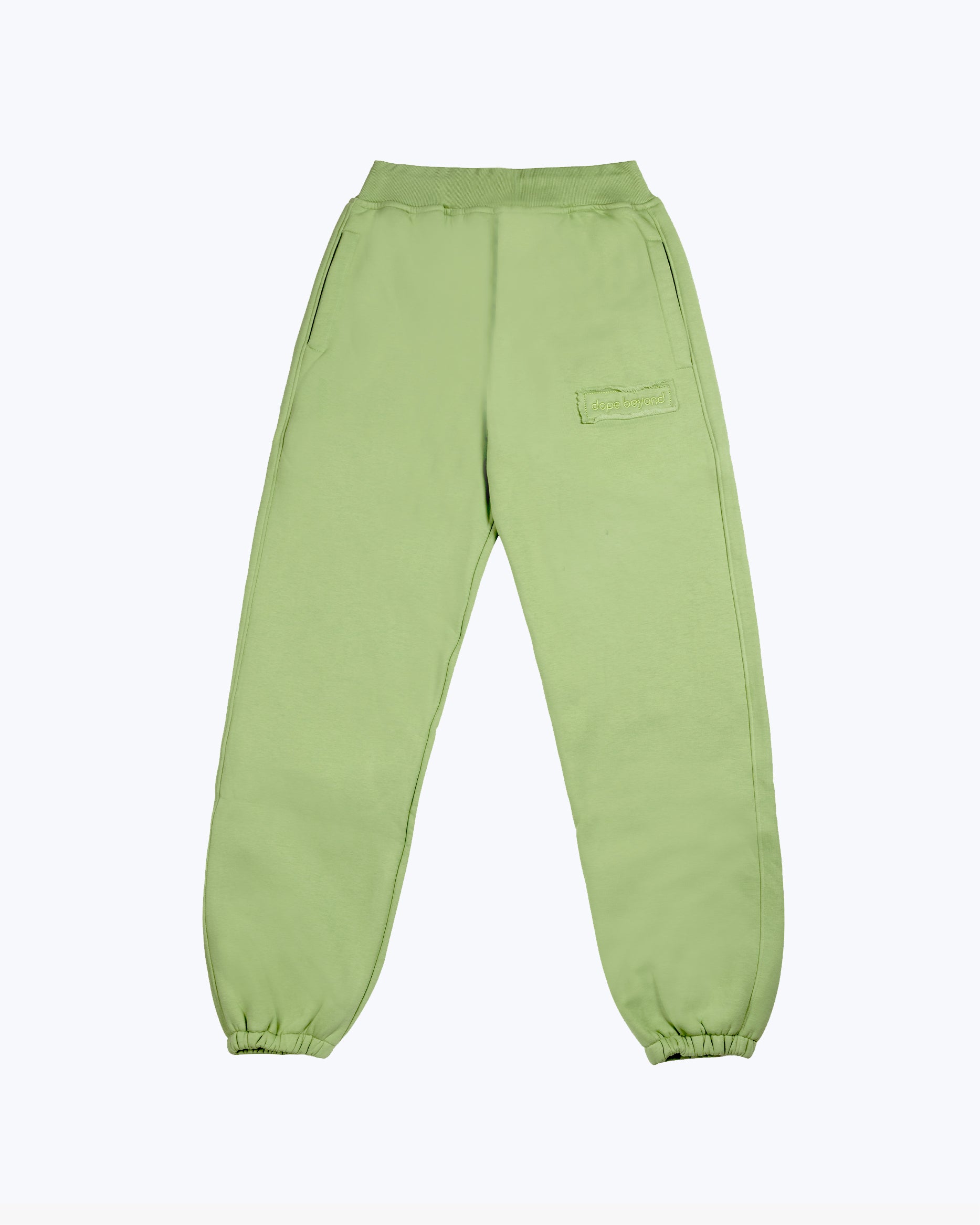 dopebeyond green heavyweight jogger pants front view, streetwear with side logo patch