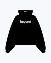 Black streetwear hoodie with 'beyond' logo, dopebeyond apparel, flat lay product shot