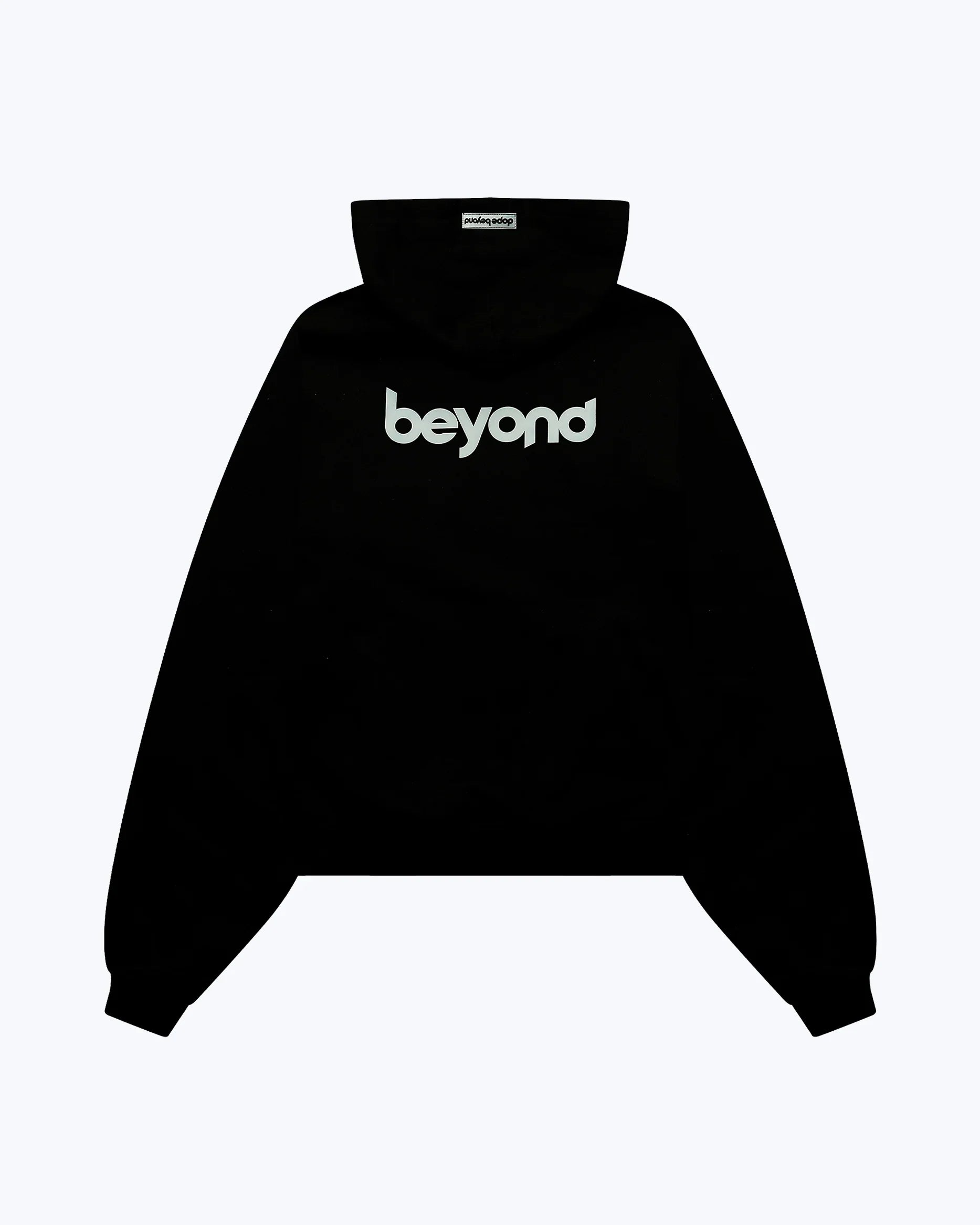Black streetwear hoodie with 'beyond' logo, dopebeyond apparel, flat lay product shot