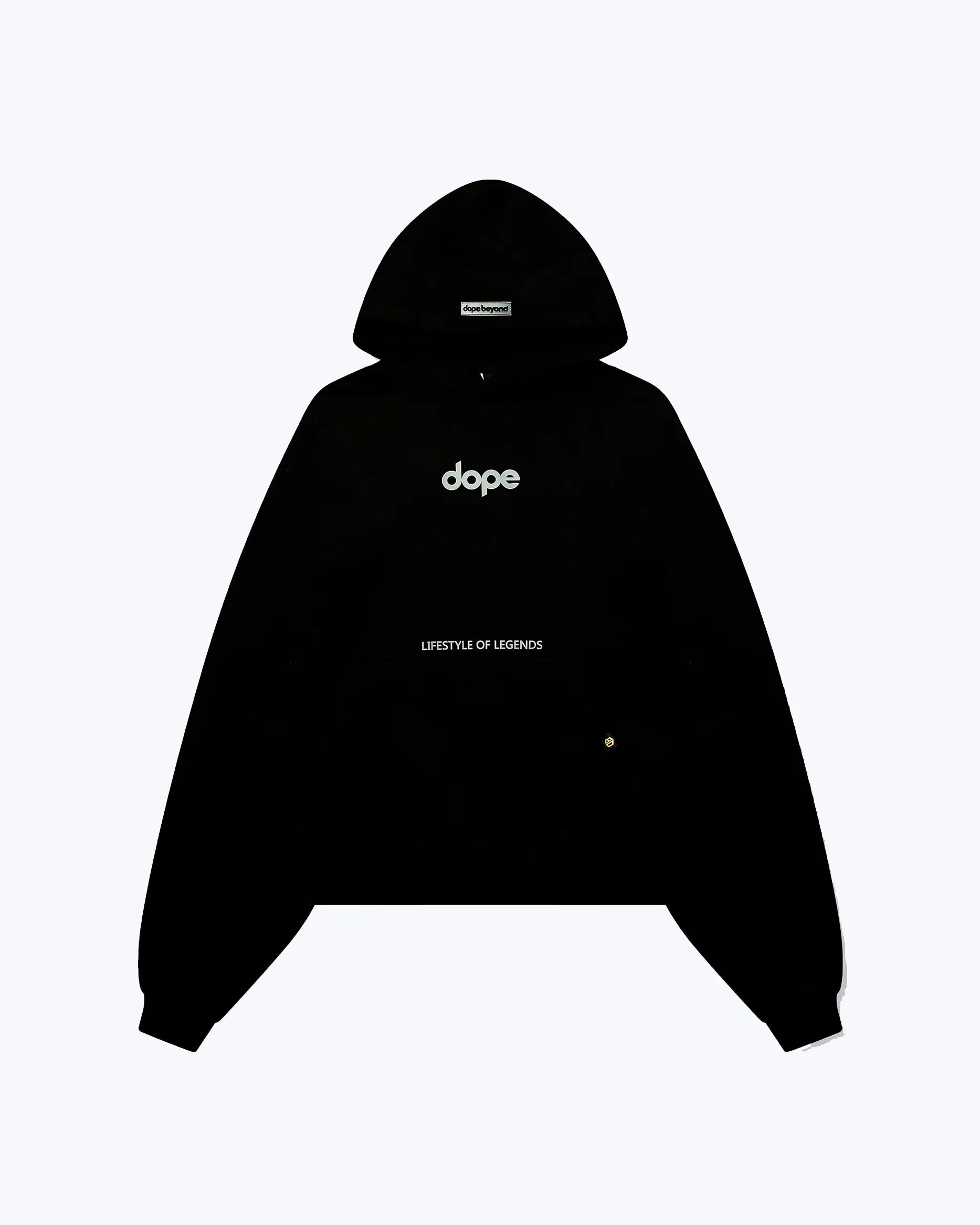 dopebeyond black heavyweight hoodie with 'dope' logo and 'LIFESTYLE OF LEGENDS' text, streetwear