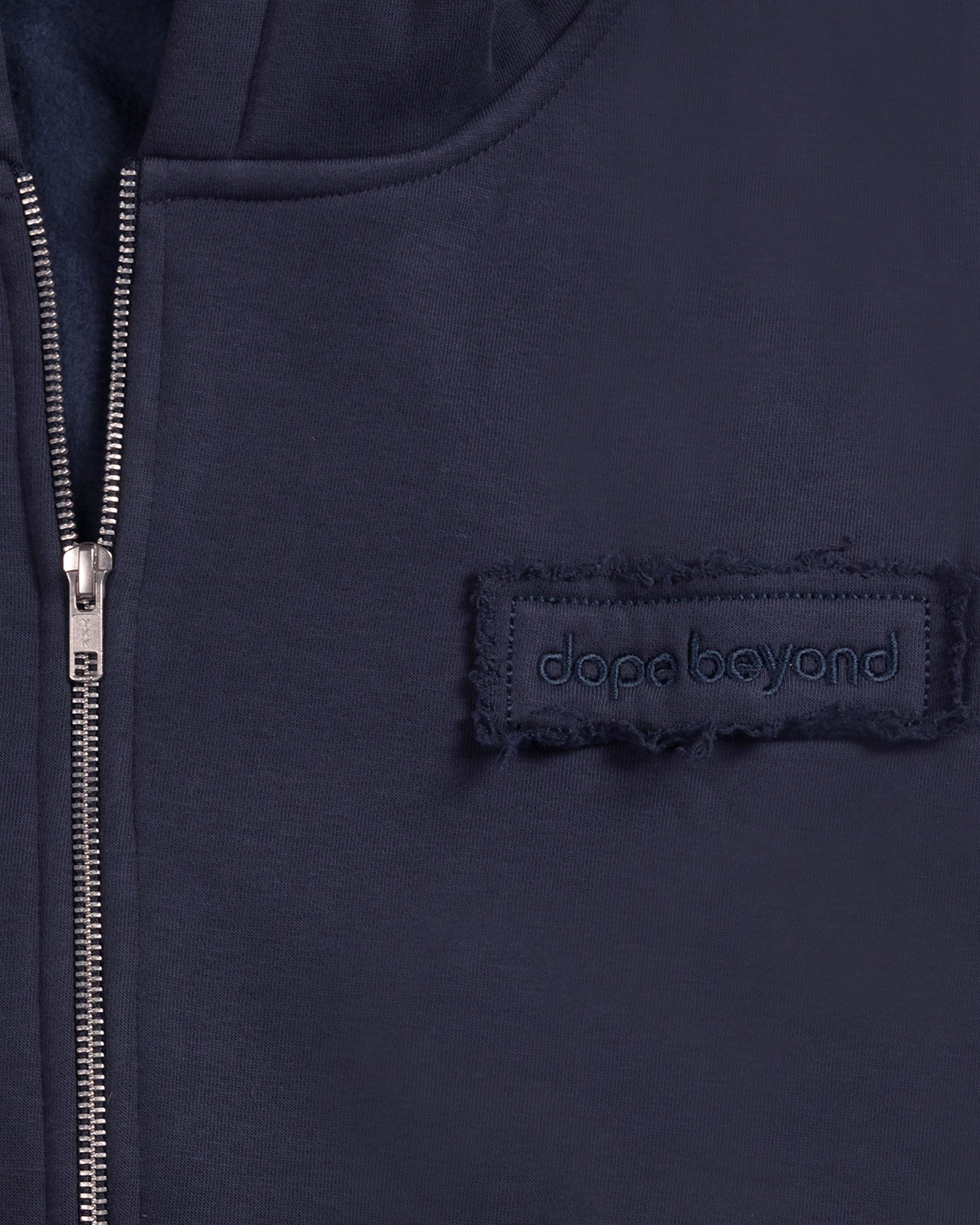 dopebeyond heavyweight streetwear hoodie in dark navy with branded patch and metal zipper