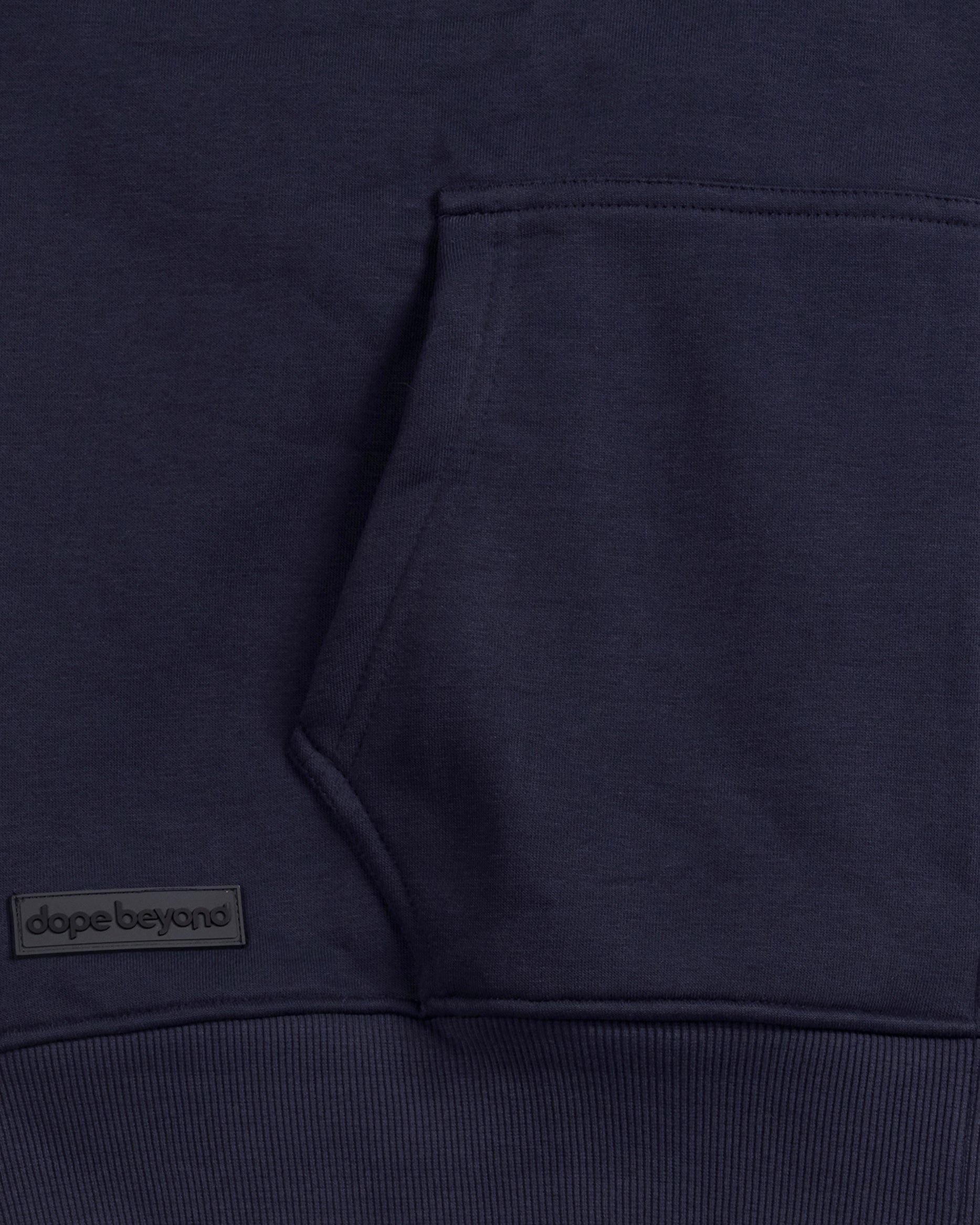 Dark blue heavyweight hoodie kangaroo pocket with dopebeyond streetwear logo patch