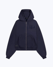 dopebeyond heavyweight streetwear hoodie in dark navy with front zipper and chest logo patch