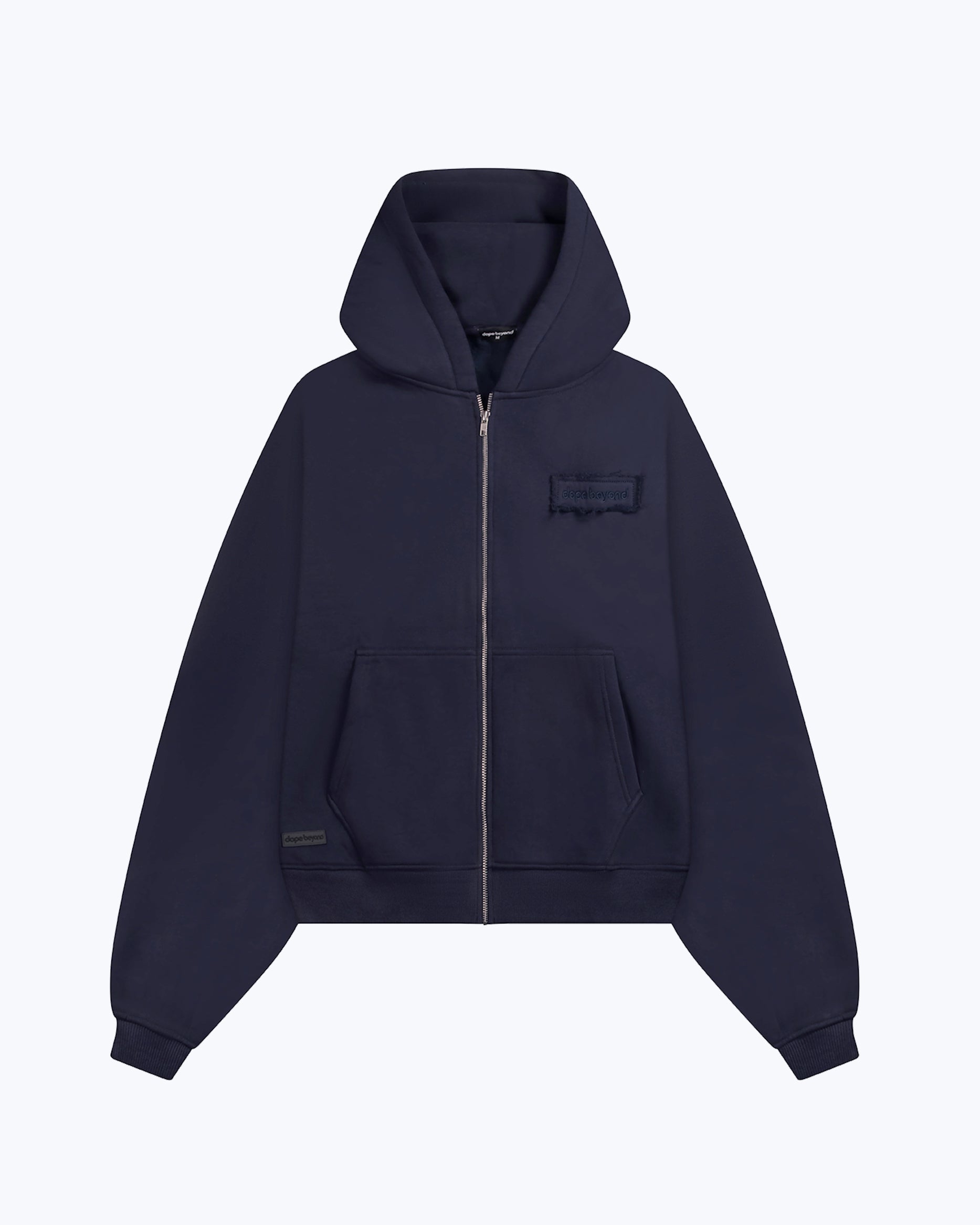 dopebeyond heavyweight streetwear hoodie in dark navy with front zipper and chest logo patch