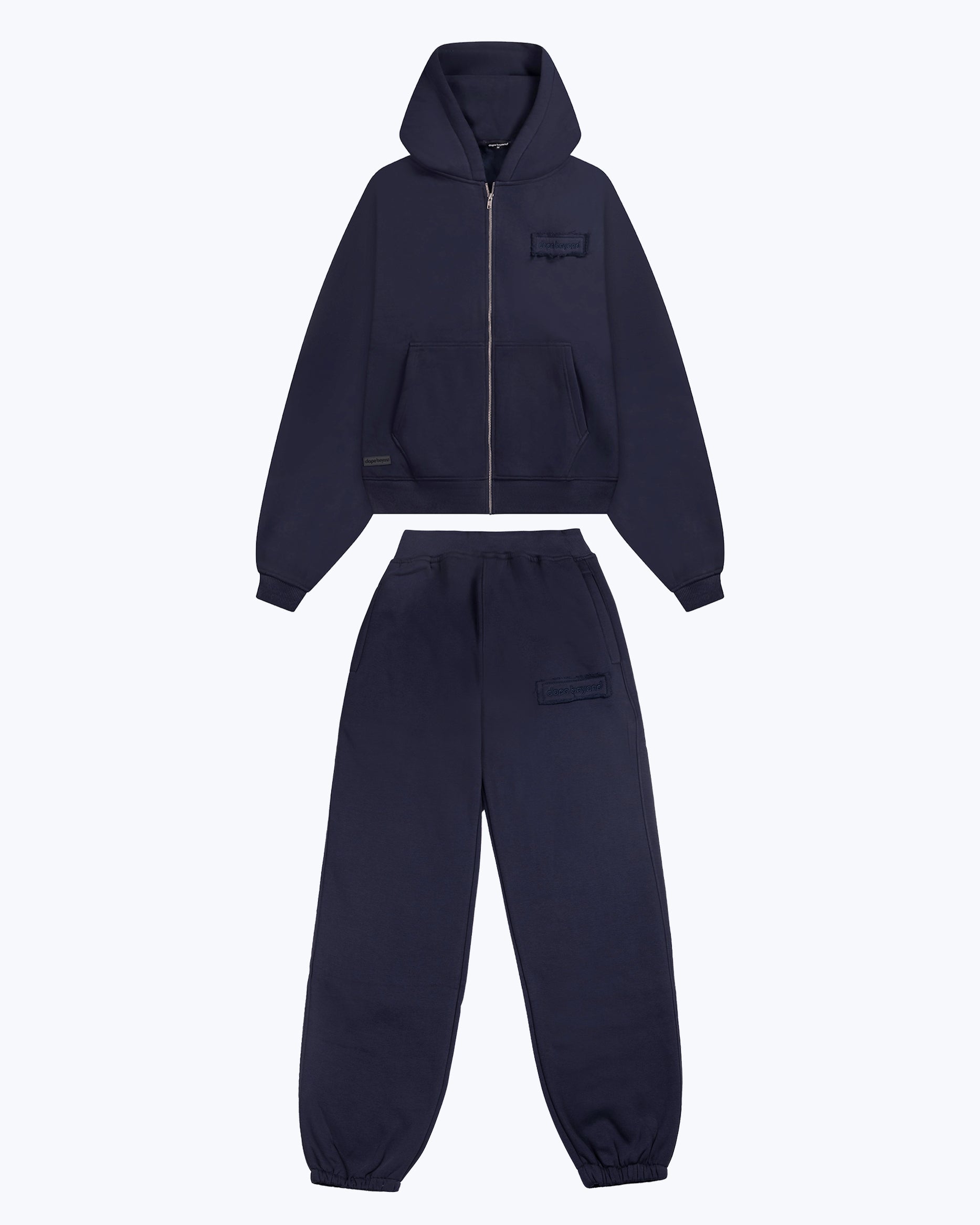 Dope Beyond navy heavyweight streetwear hoodie and sweatpants set with front logo patch.