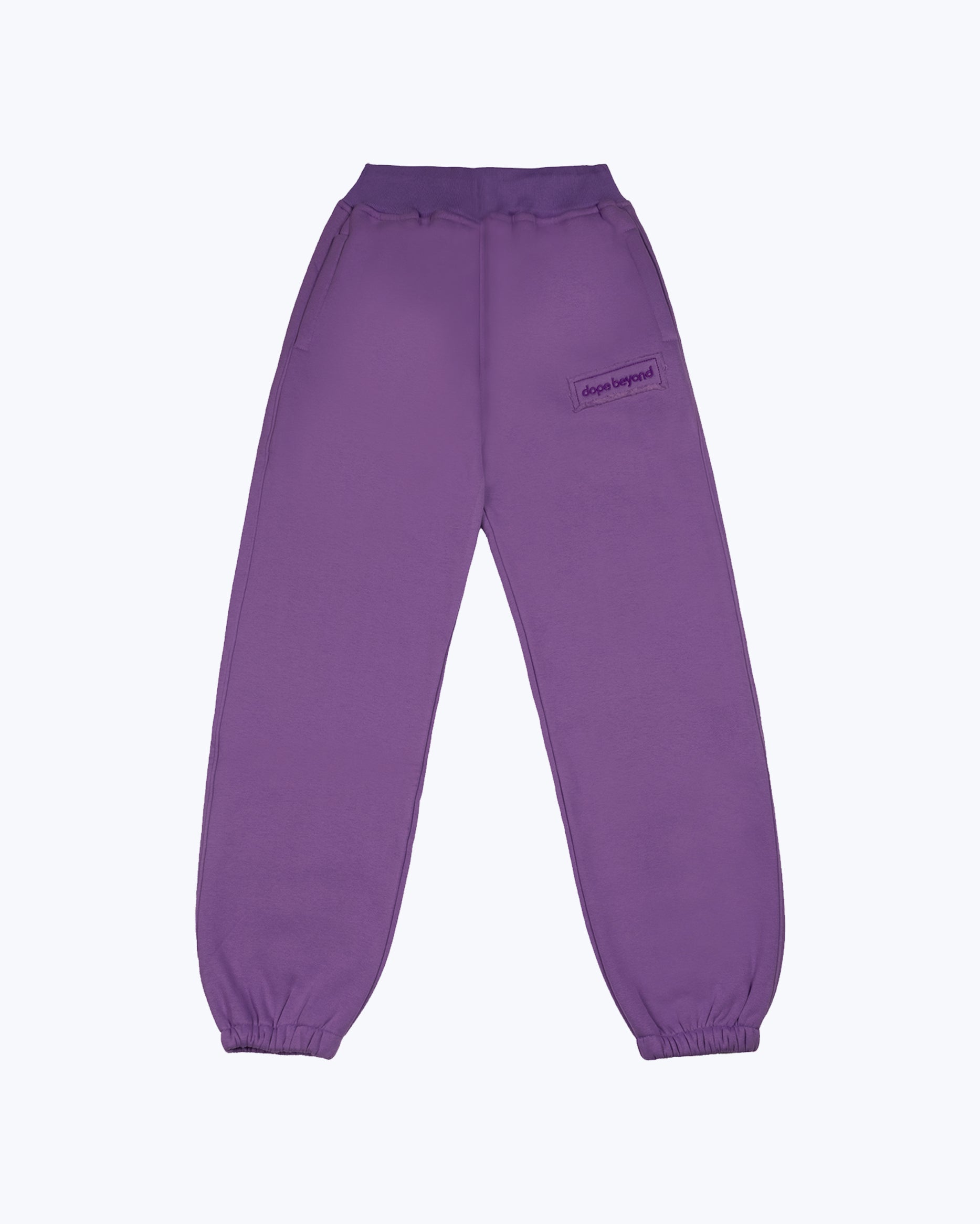 dopebeyond lavender heavyweight jogger streetwear pants with logo patch, front view