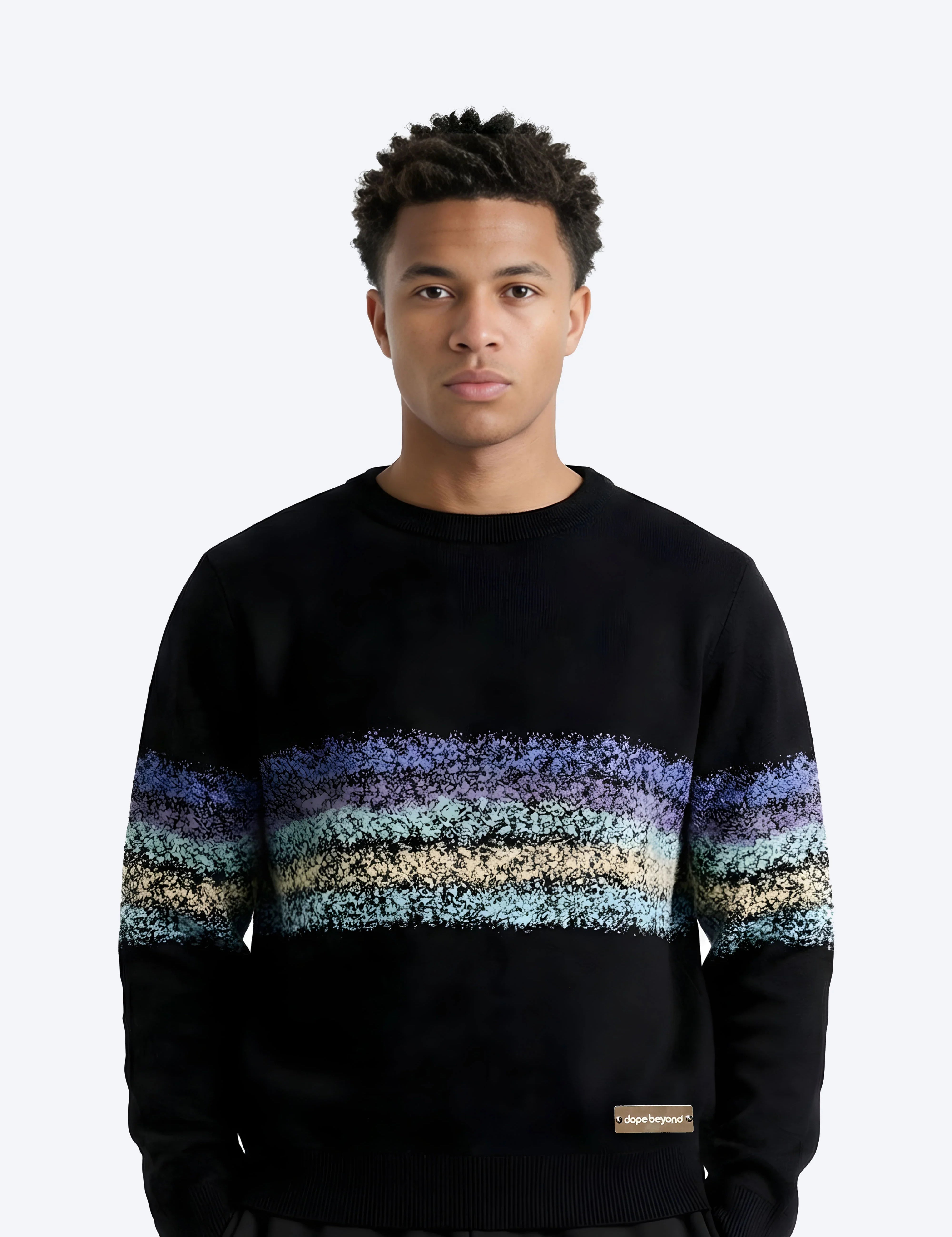 Man wearing Dope Beyond black sweatshirt with colorful textured stripes, streetwear fashion