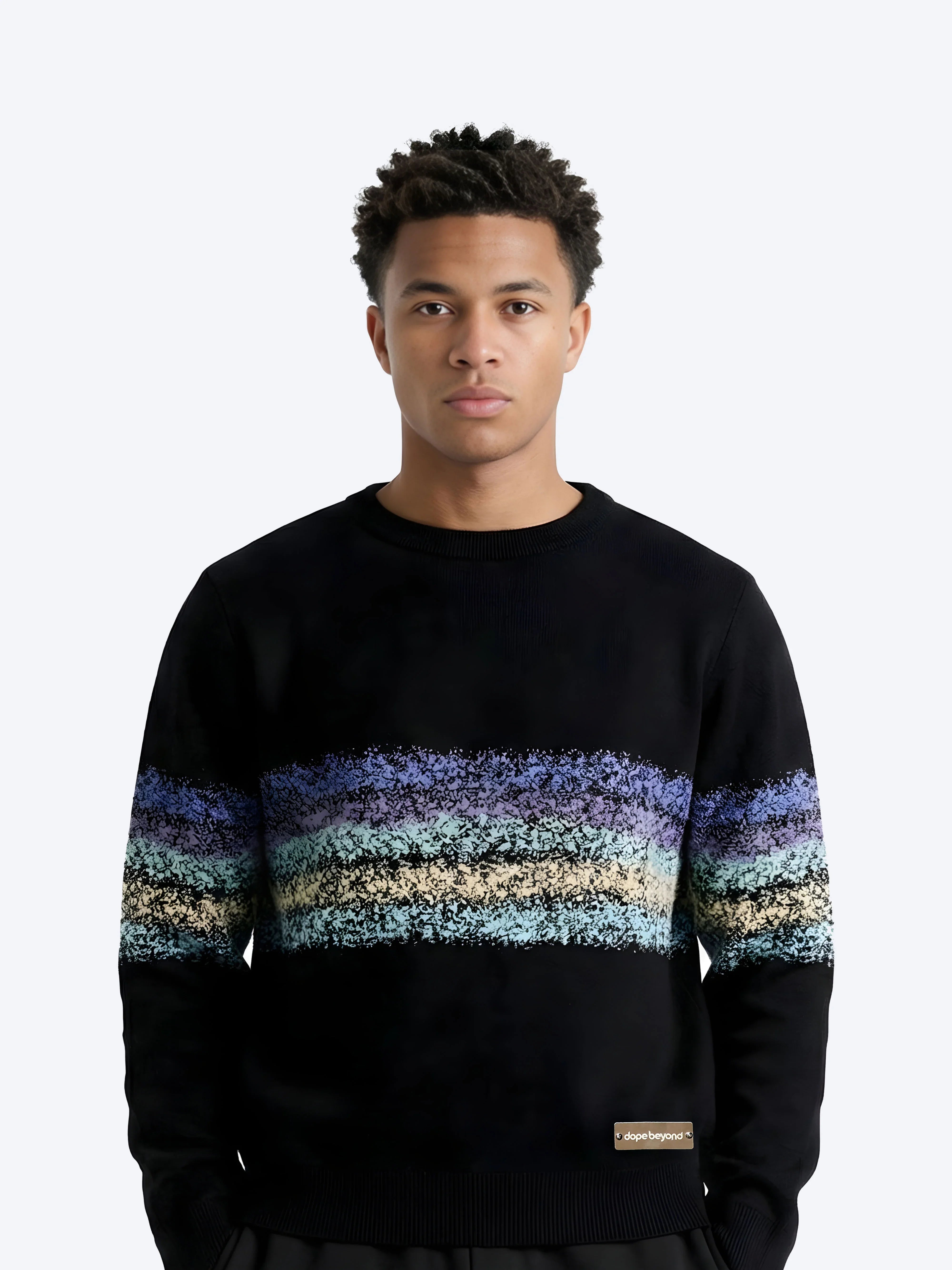 Man wearing Dope Beyond black sweatshirt with colorful textured stripes, streetwear fashion