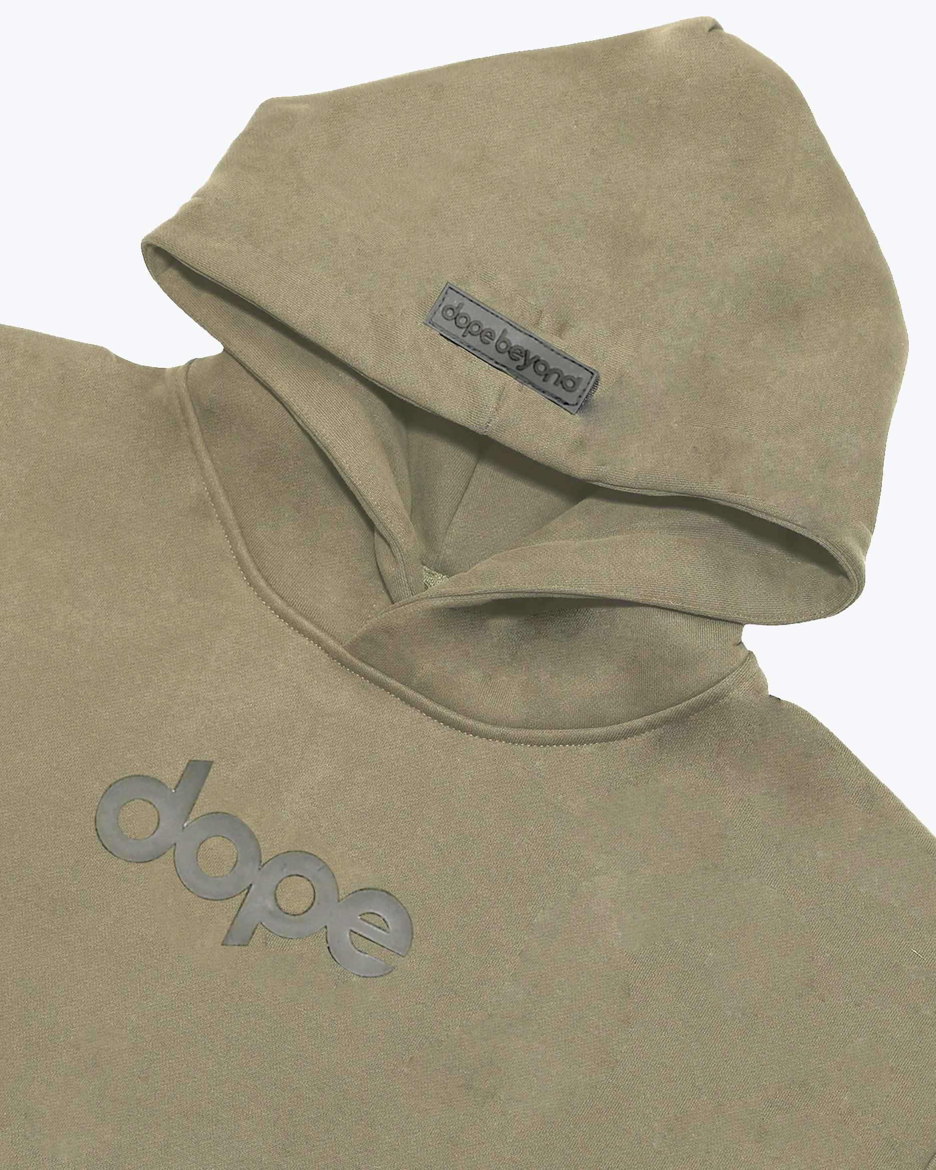 Olive green Legends oversized heavyweight hoodie by Dope Beyond, fabric detail