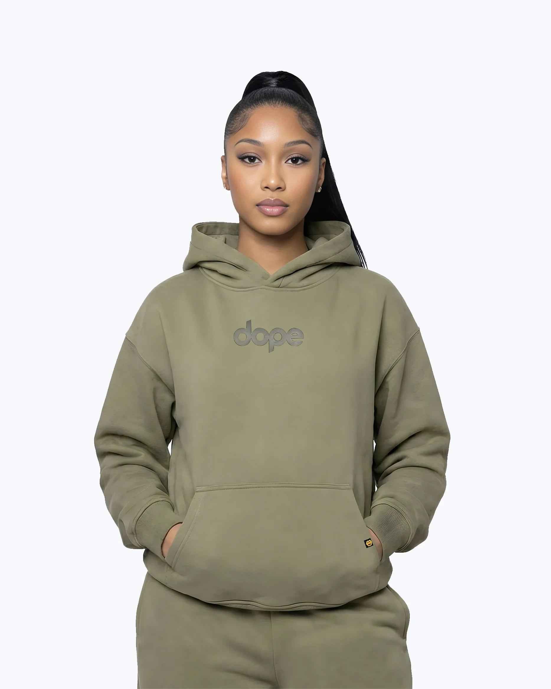 Olive green Legends oversized heavyweight hoodie by Dope Beyond, front view