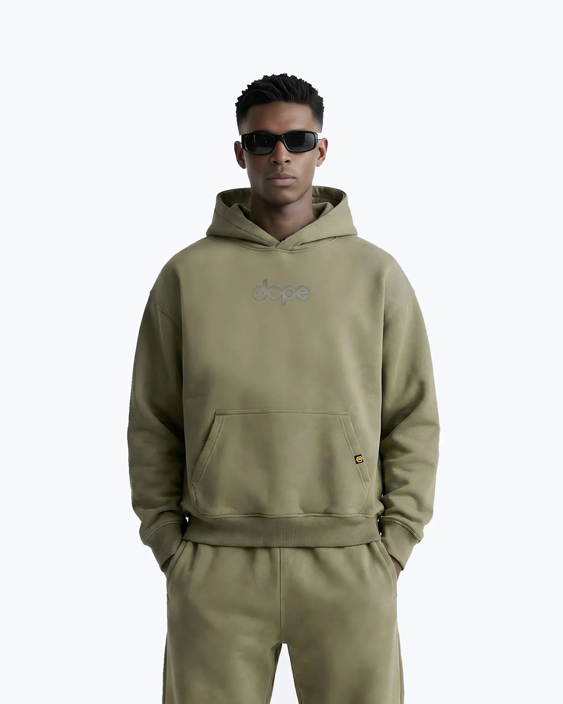 Dope Beyond olive green gym hoodie streetwear with puff logo, front view, casual style