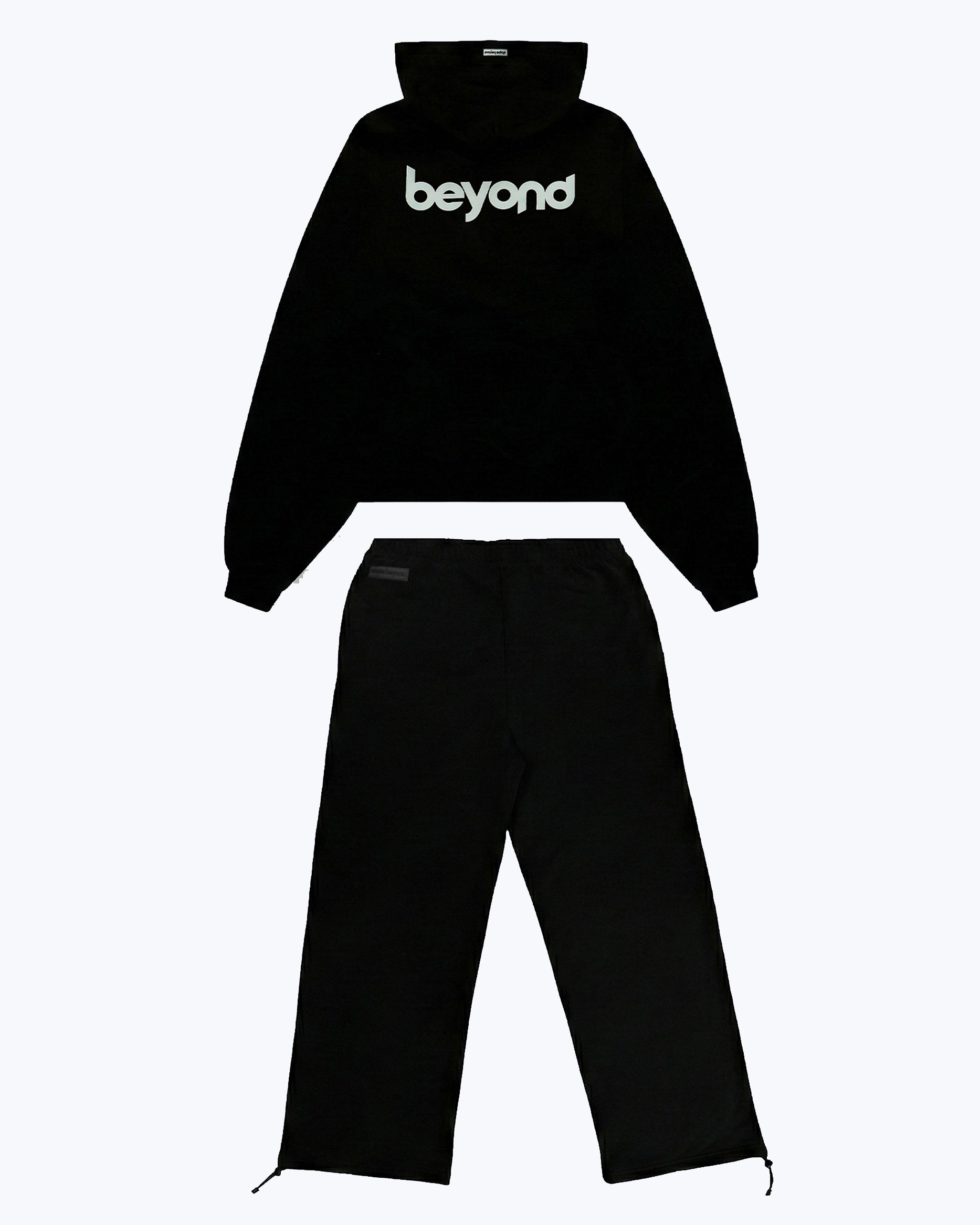 dopebeyond black heavyweight cordset with 'beyond' logo hoodie and pants, streetwear apparel