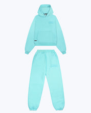 dopebeyond green heavyweight streetwear hoodie and joggers set, front detail, flat lay