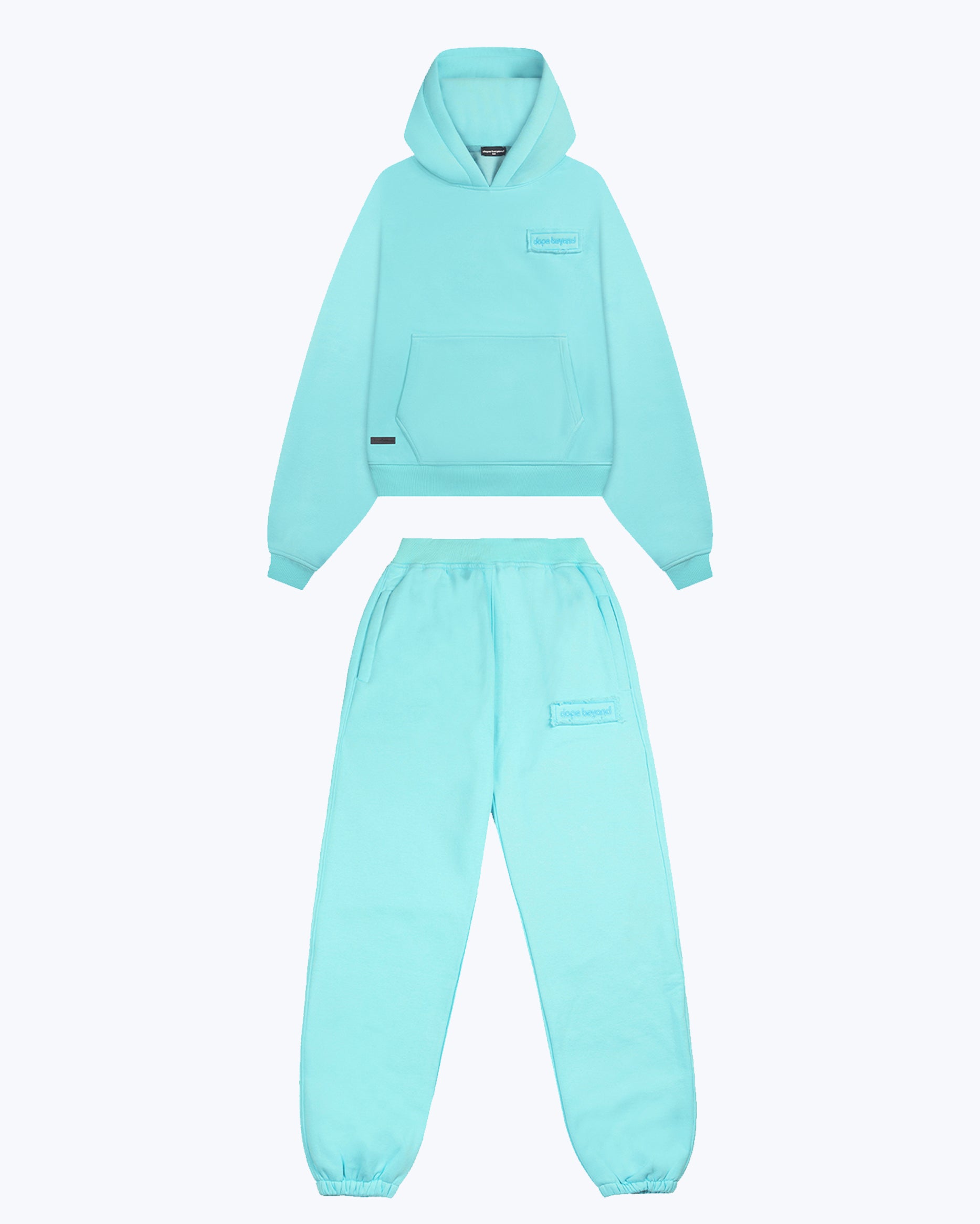 dopebeyond green heavyweight streetwear hoodie and joggers set, front detail, flat lay