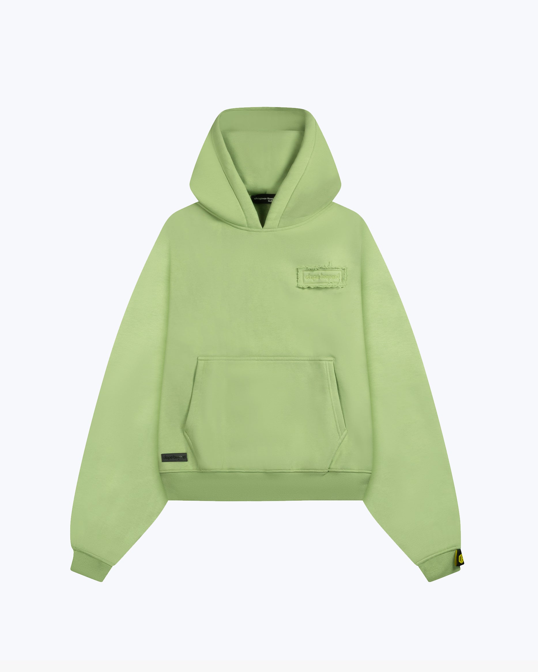 dopebeyond green heavyweight hoodie with front pocket and logo patch, streetwear style