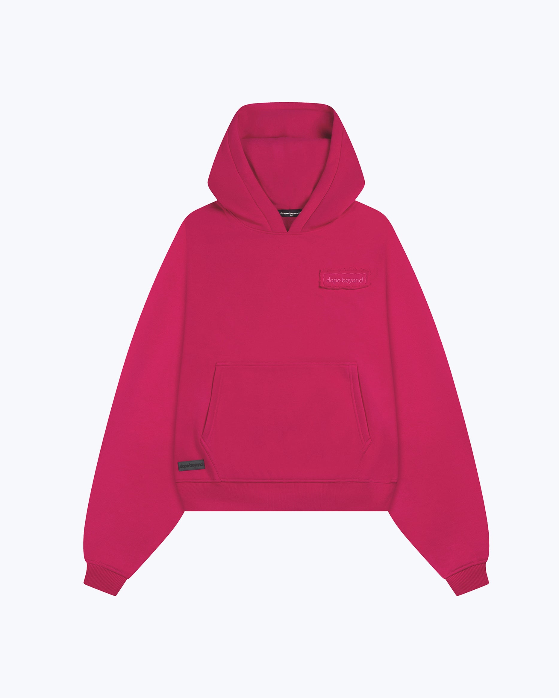 Bright pink dopebeyond streetwear hoodie with front pocket and embroidered logo
